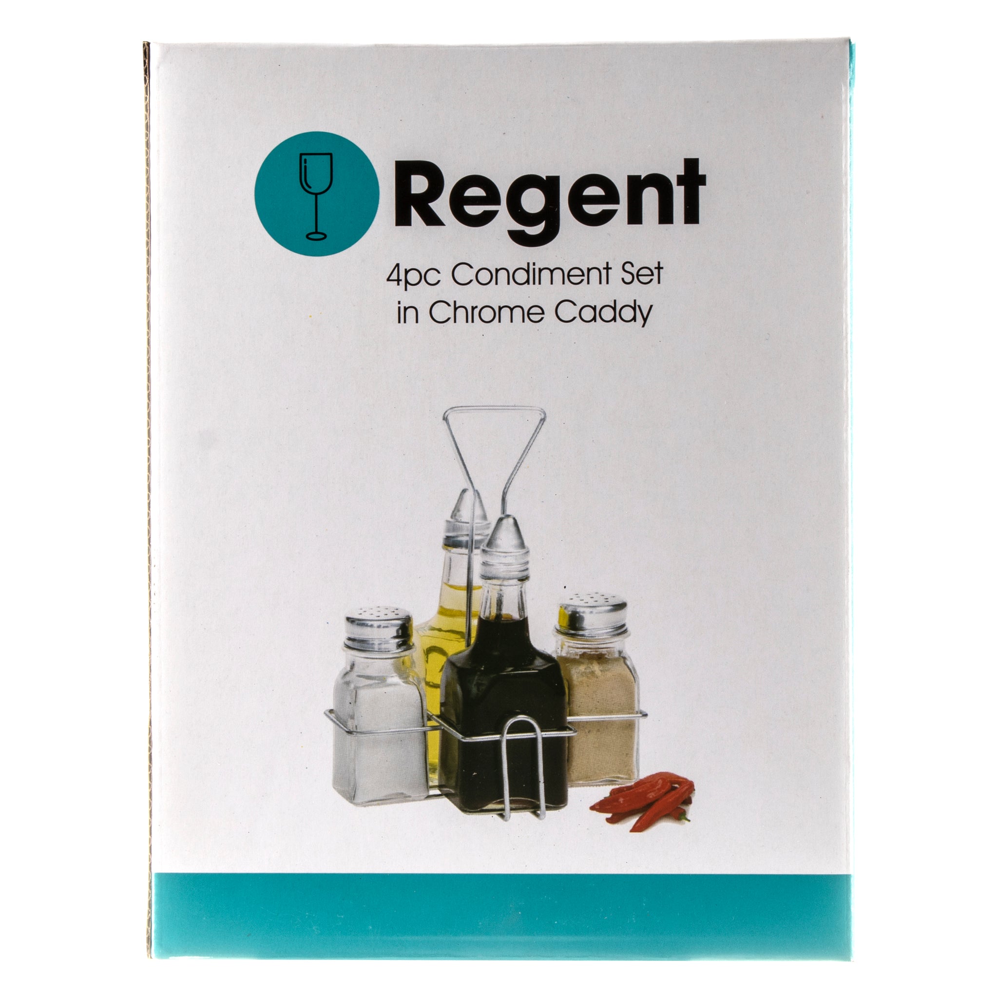 REGENT GLASS CONDIMENTS IN A CHROME CADDY 5PCS SET, 200ML l 70ML