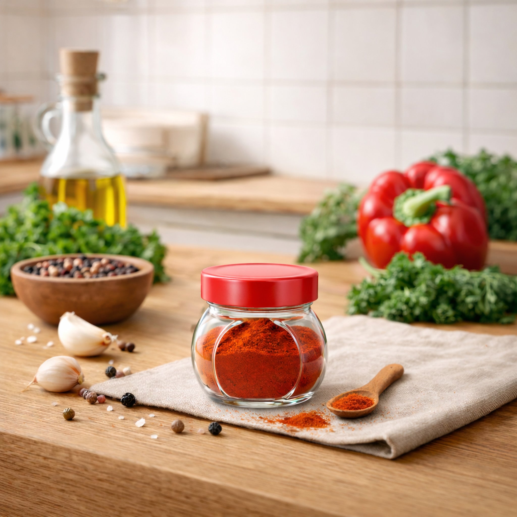 REGENT GLASS FACETED JAR WITH RED LID, 380ML