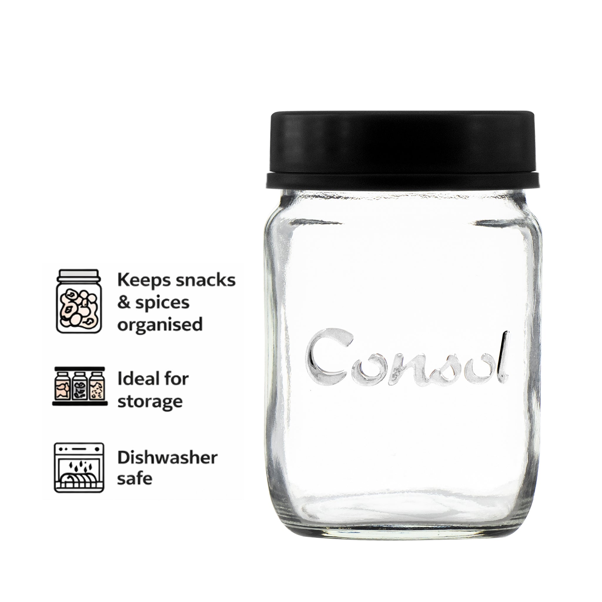 CONSOL JAR WITH NEW ASSORTED COLOURED LIDS, 500ML