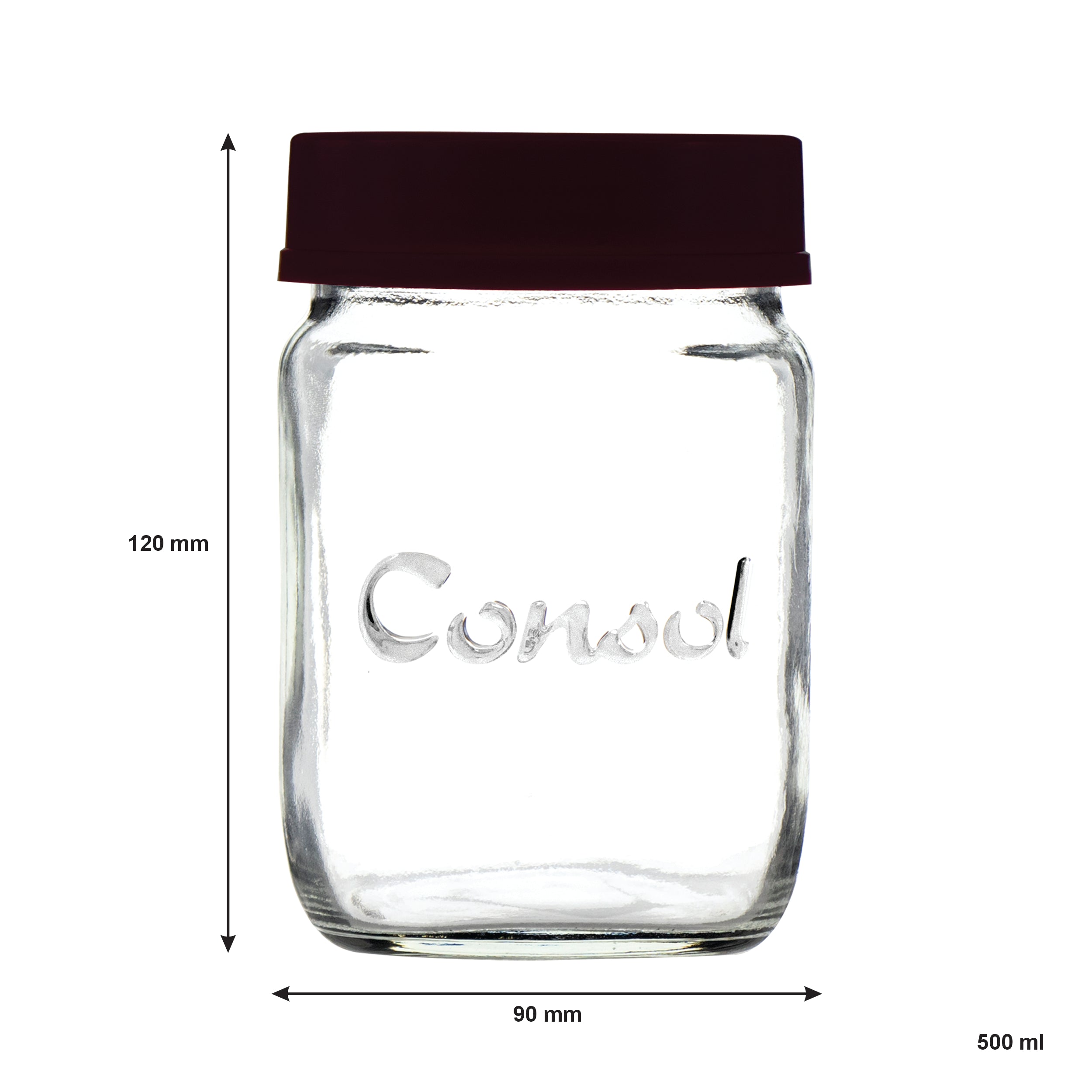 CONSOL JAR WITH NEW ASSORTED COLOURED LIDS, 500ML