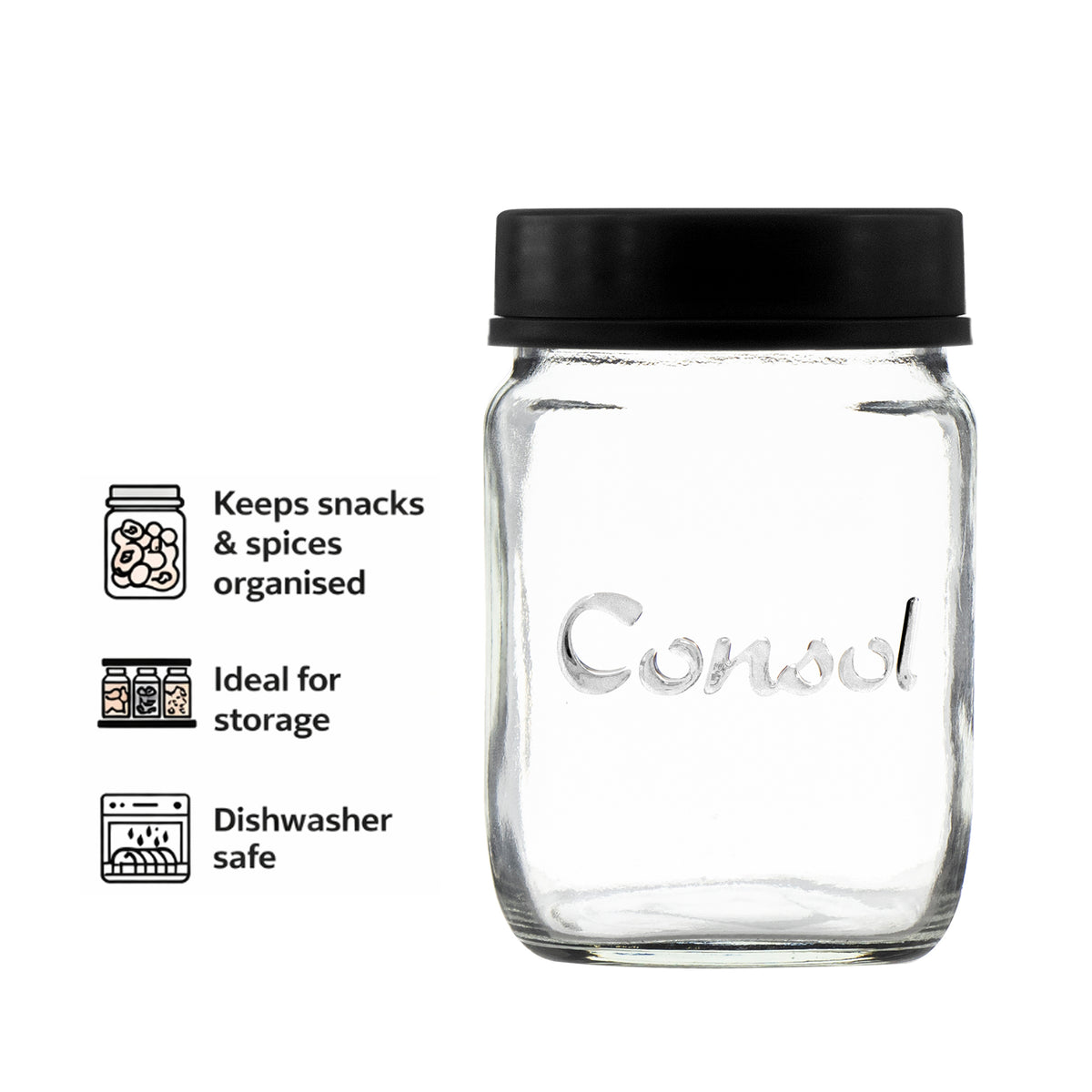 CONSOL JAR WITH NEW ASSORTED COLOURED LIDS, 1L