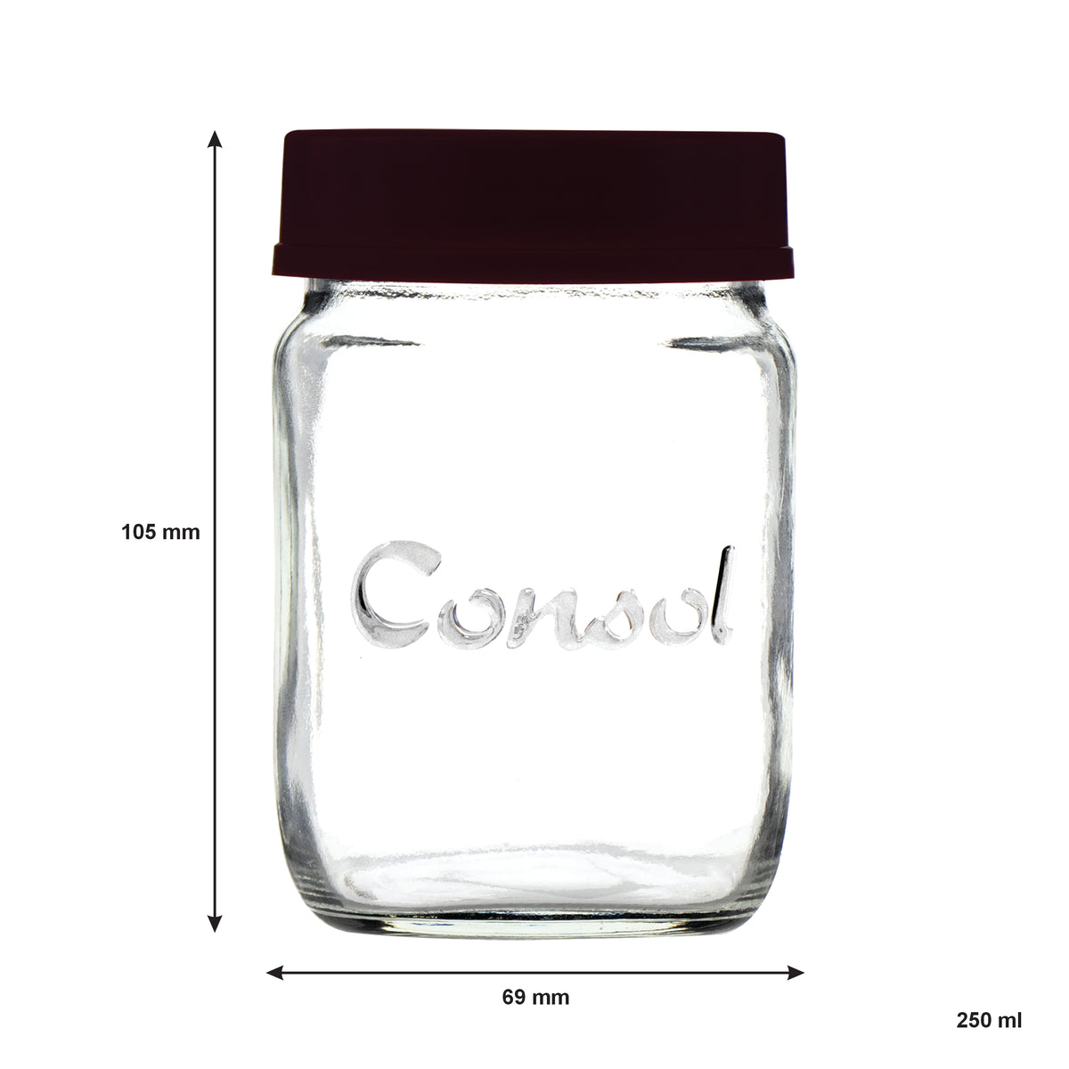 CONSOL JAR WITH NEW ASSORTED COLOURED LID, 250ML