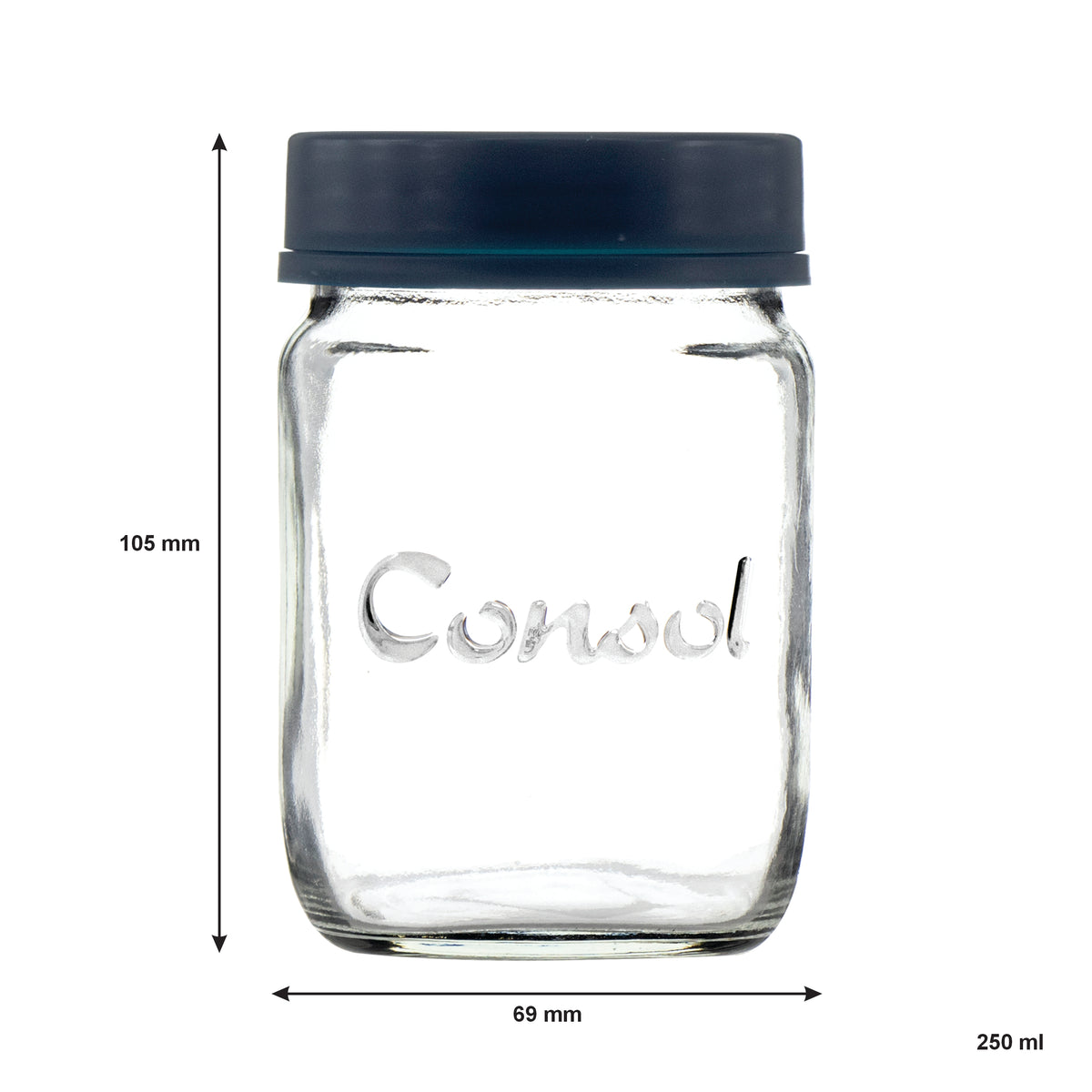 CONSOL JAR WITH NEW ASSORTED COLOURED LID, 250ML