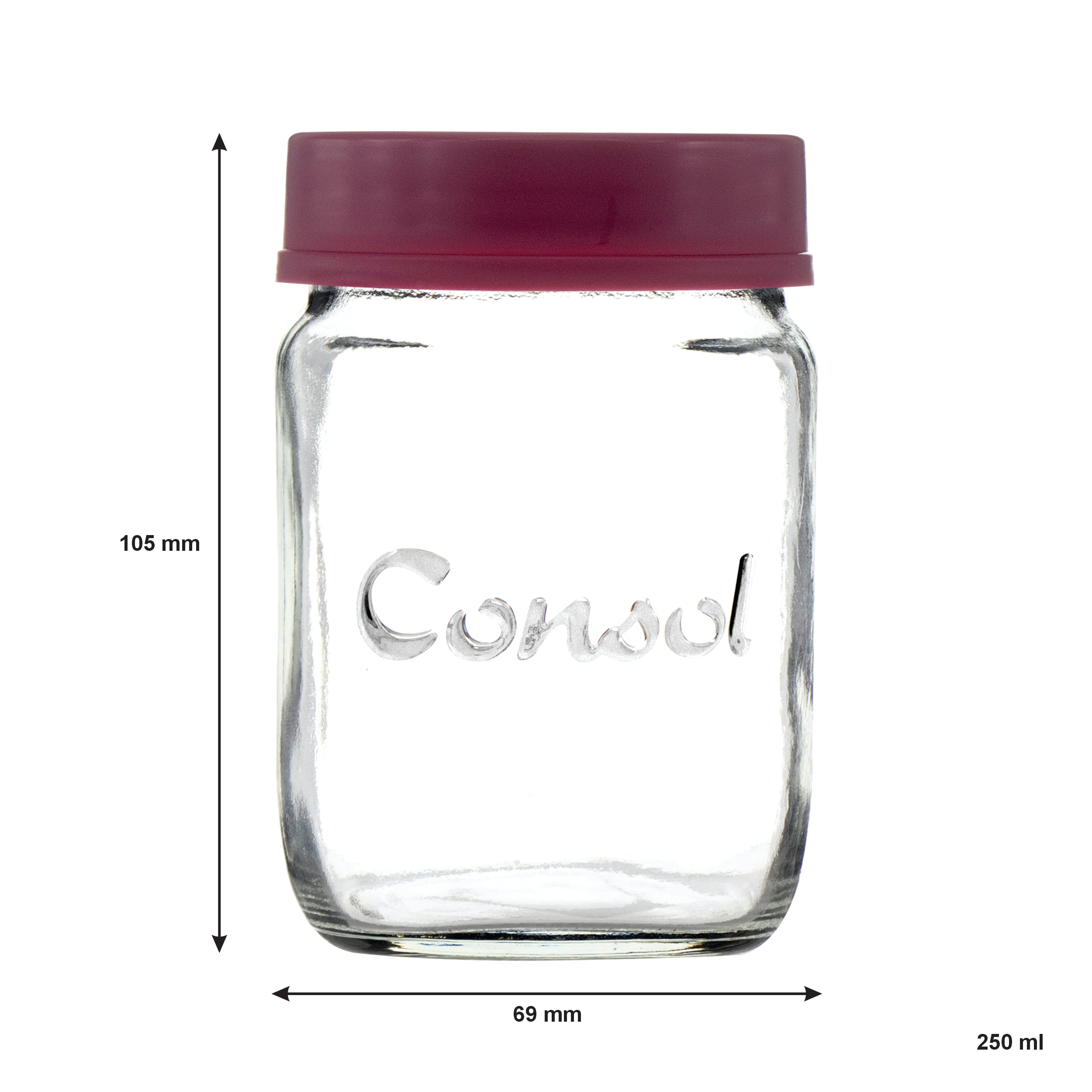 CONSOL JAR WITH NEW ASSORTED COLOURED LID, 250ML