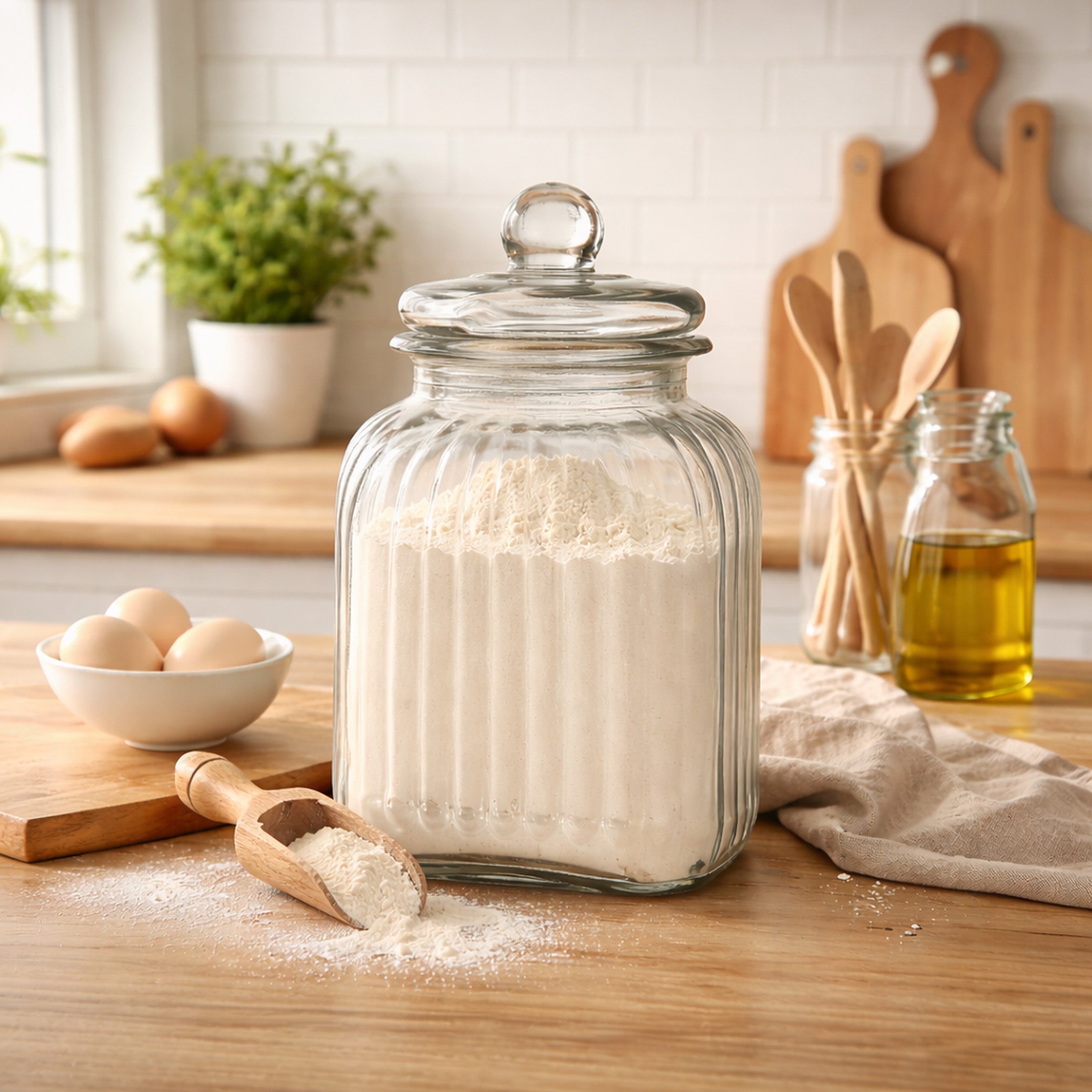 REGENT SQUARE GLASS RIBBED JAR WITH GLASS LID, 3.65L