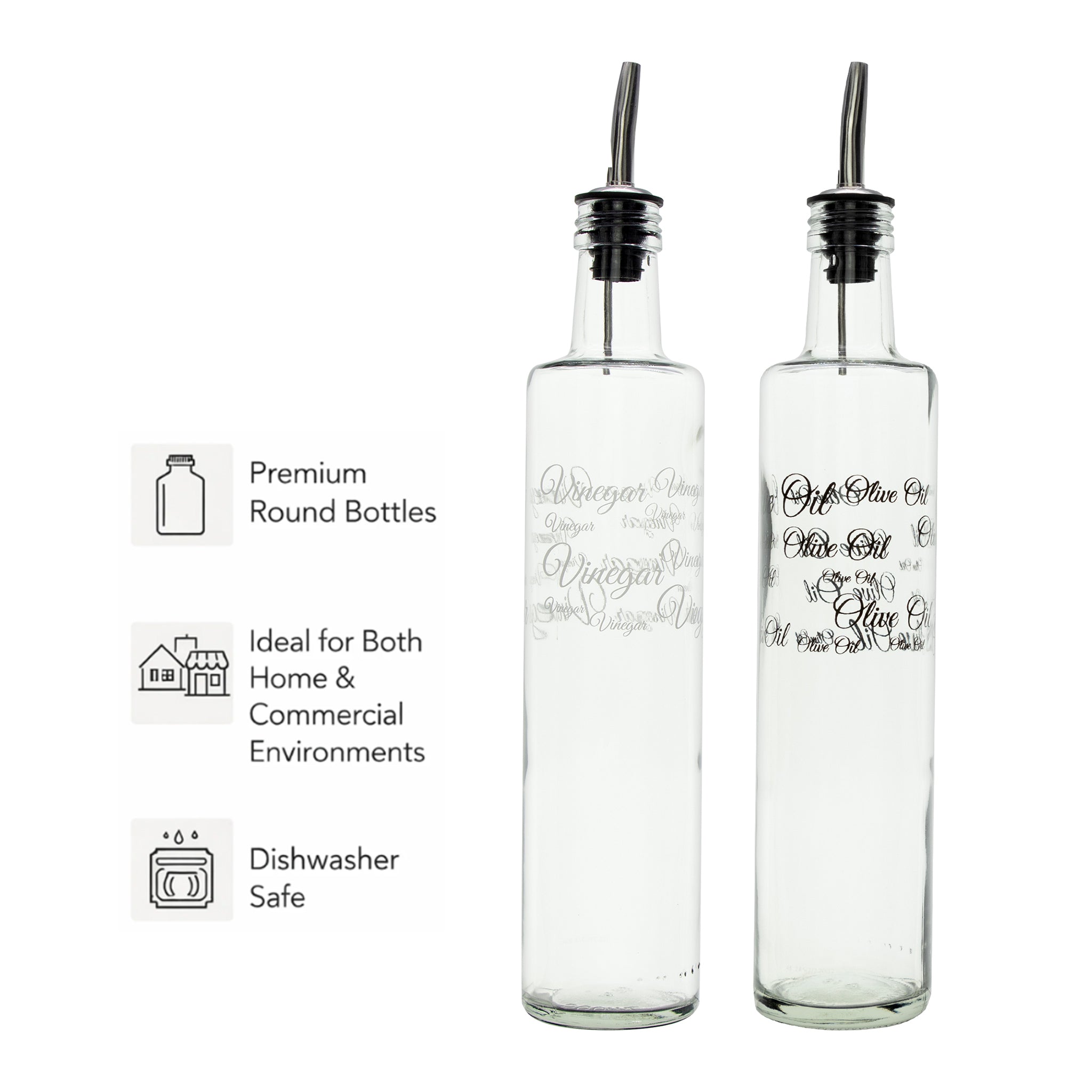 CONSOL ROUND PRINTED OLIVE OIL & VINEGAR BOTTLES WITH POURERS EA, 500ML