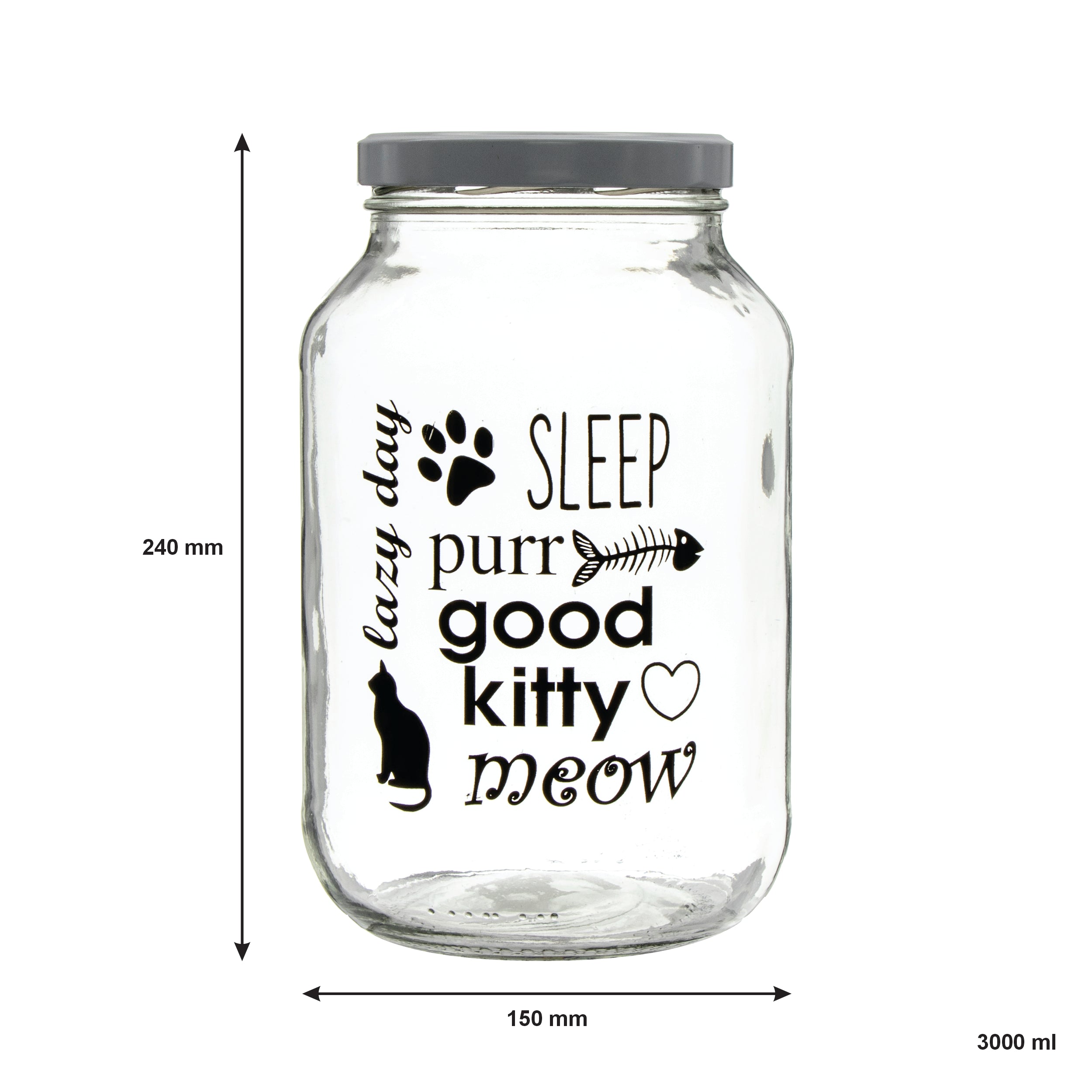 REGENT GLASS JAR WITH CAT PRINT AND WHITE LID, 3L