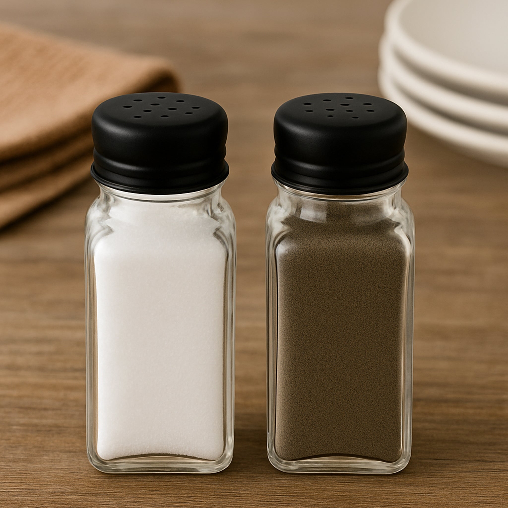 REGENT CLEOPATRA SALT & PEPPER GLASS SHAKERS WITH BLACK LIDS 2PK, 85ML