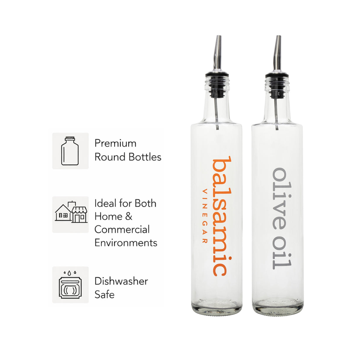 REGENT ROUND PRINTED OLIVE OIL & BALSAMIC BOTTLES WITH POURERS EA, 500ML