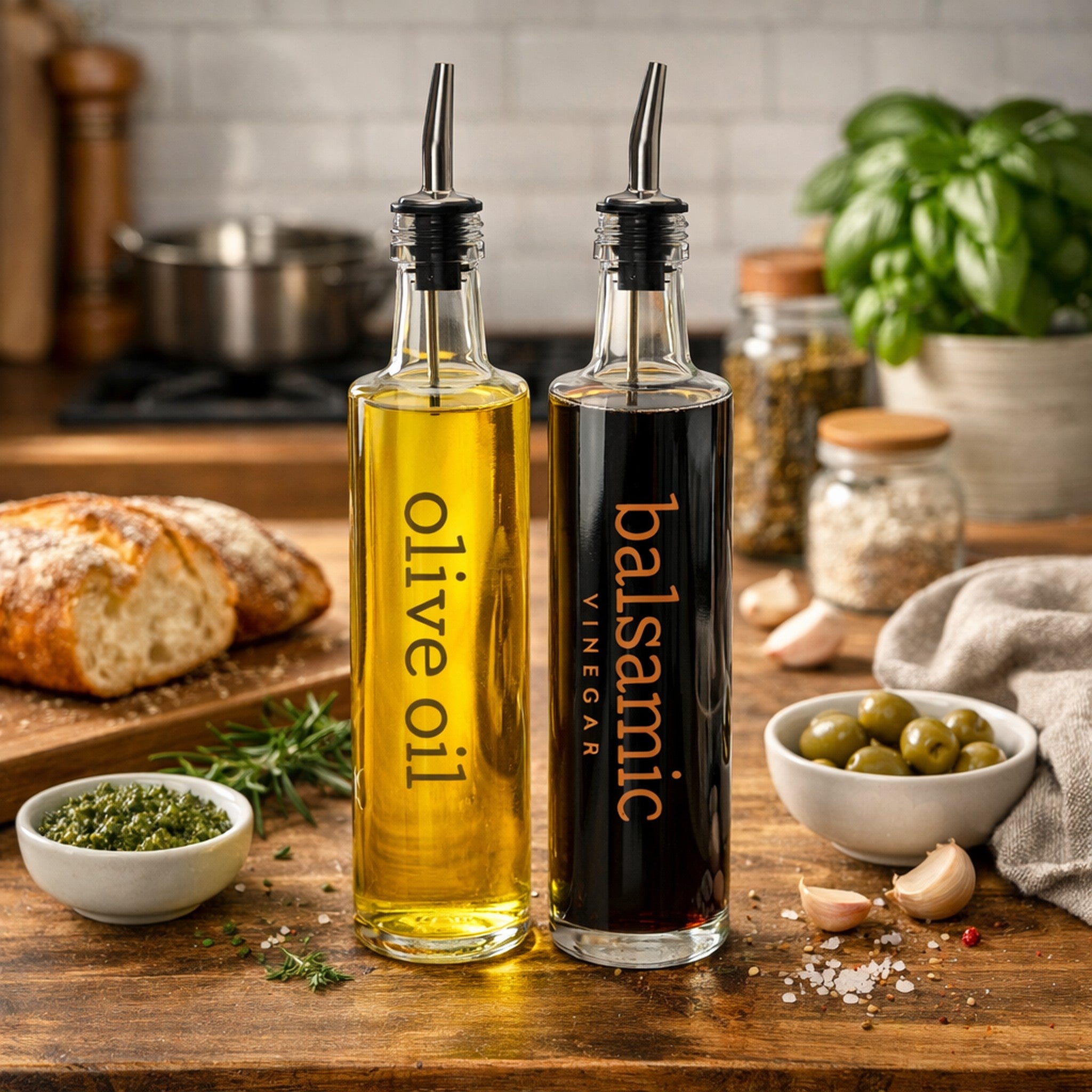 REGENT ROUND PRINTED OLIVE OIL & BALSAMIC VINEGAR BOTTLES WITH POURERS EA, 250ML