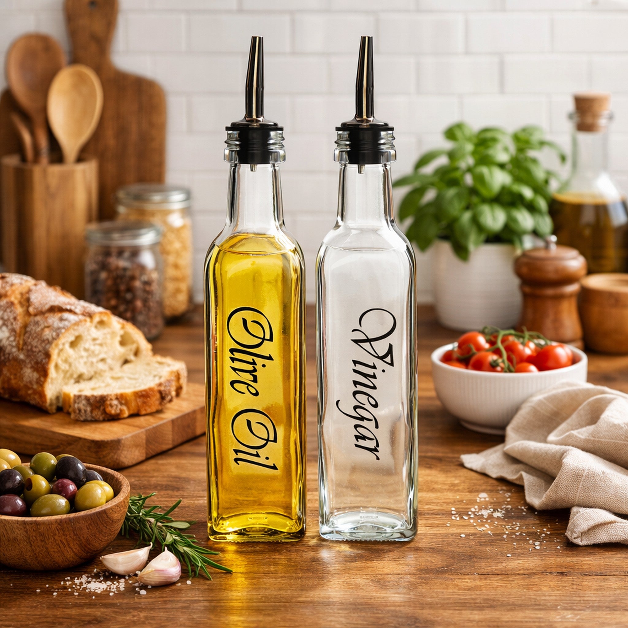 REGENT SQUARE GOLD PRINTED OLIVE OIL & VINEGAR BOTTLES WITH POURERS EA, 500ML