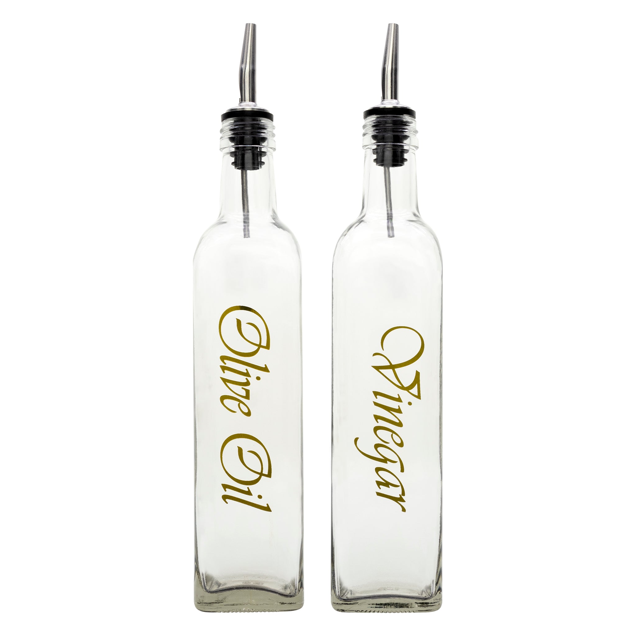REGENT SQUARE GOLD PRINTED OLIVE OIL & VINEGAR BOTTLES WITH POURERS EA, 500ML