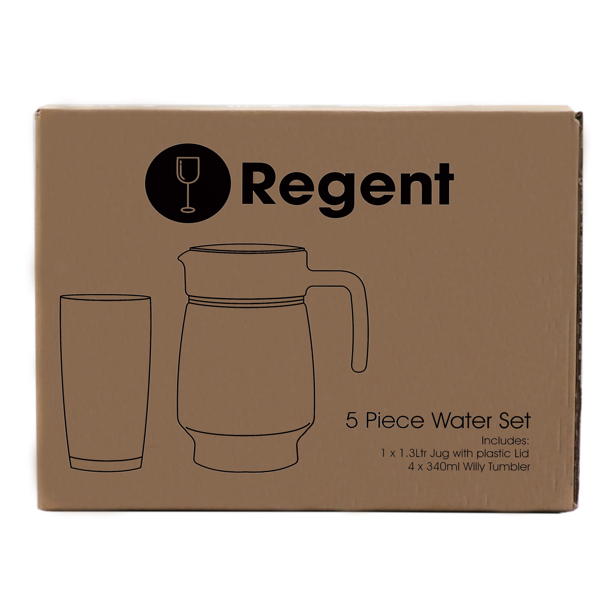 REGENT GLASS WATER JUG 1.6L + 4 WILLY TUMBLERS 380ML - 5PCS SET