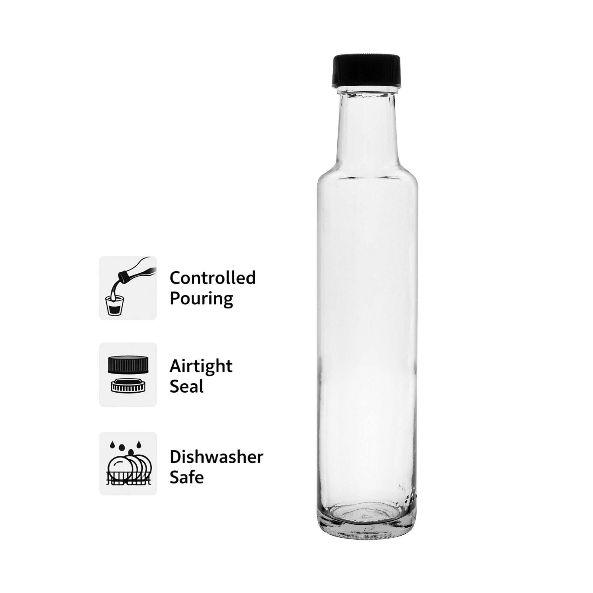CONSOL ROUND OIL/VINEGAR BOTTLE WITH BLACK LID, 250ML