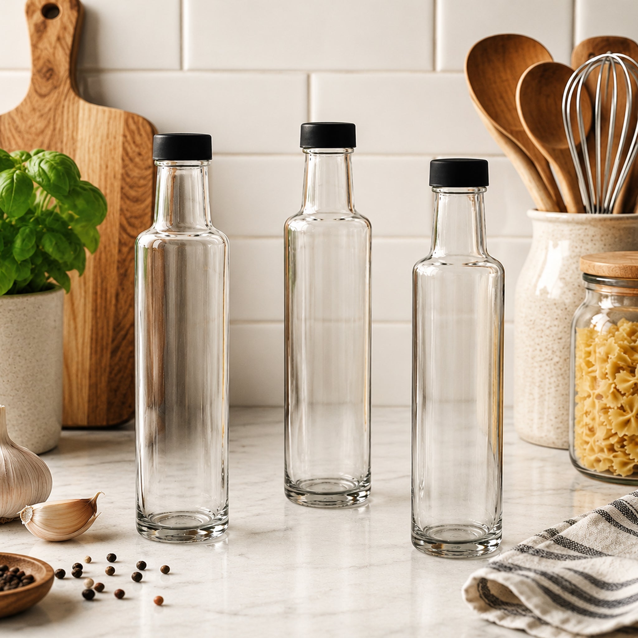 CONSOL ROUND OIL/VINEGAR BOTTLE WITH BLACK LID, 250ML