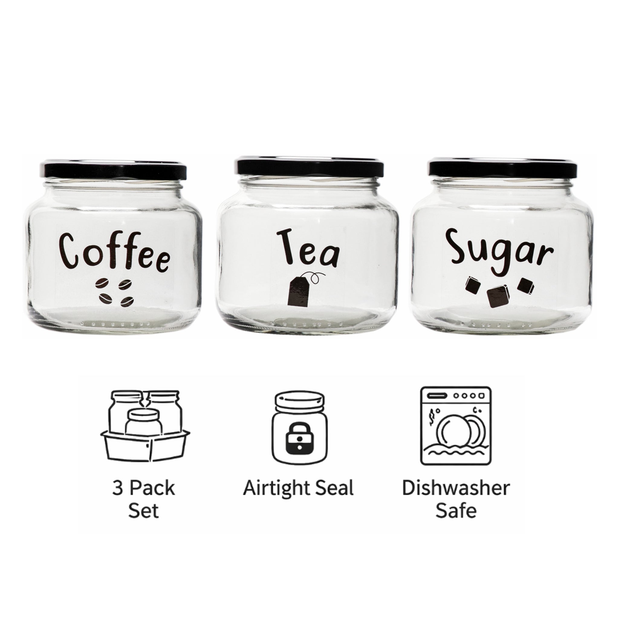REGENT GLASS TEA, COFFEE, SUGAR PRINTED CANISTERS 3PK SET, 500ML