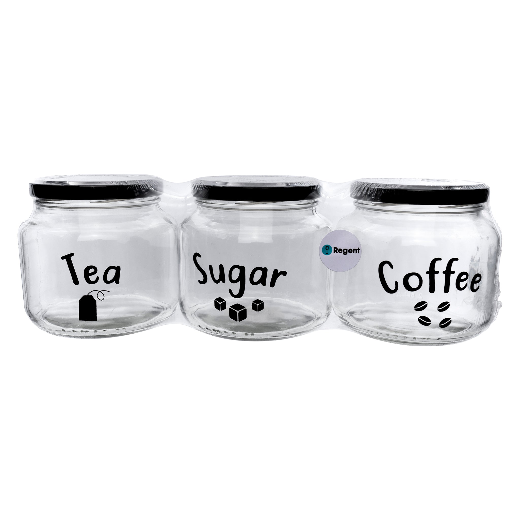 REGENT GLASS TEA, COFFEE, SUGAR PRINTED CANISTERS 3PK SET, 500ML