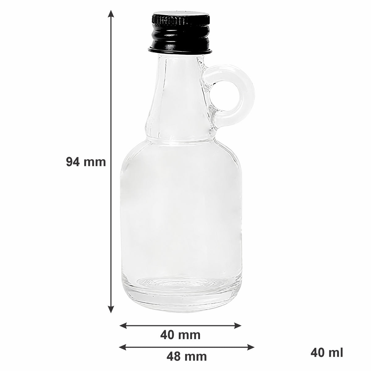 REGENT MINI GLASS BOTTLE WITH RING HANDLE AND BLACK LID 6PK, 40ML