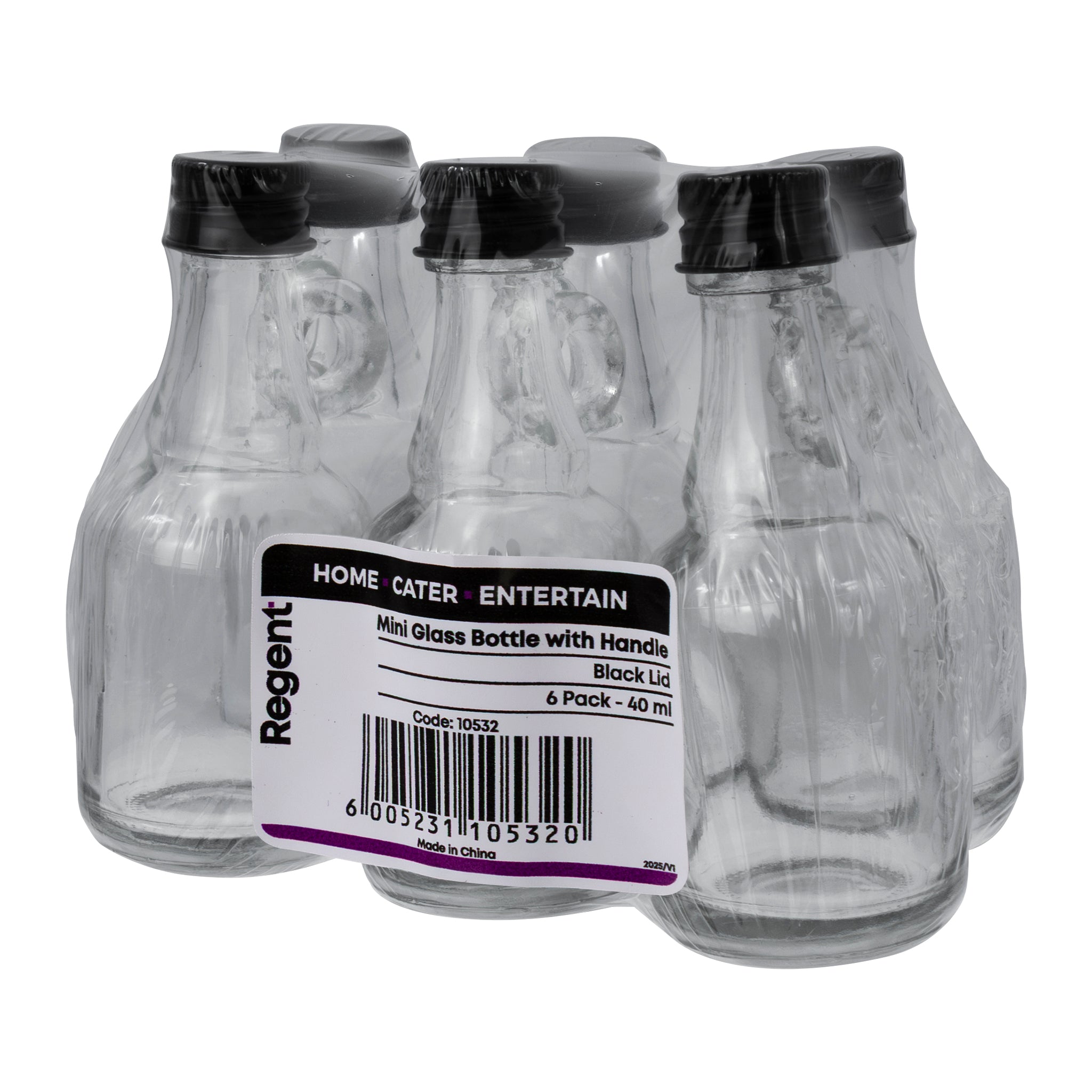 REGENT MINI GLASS BOTTLE WITH RING HANDLE AND BLACK LID 6PK, 40ML