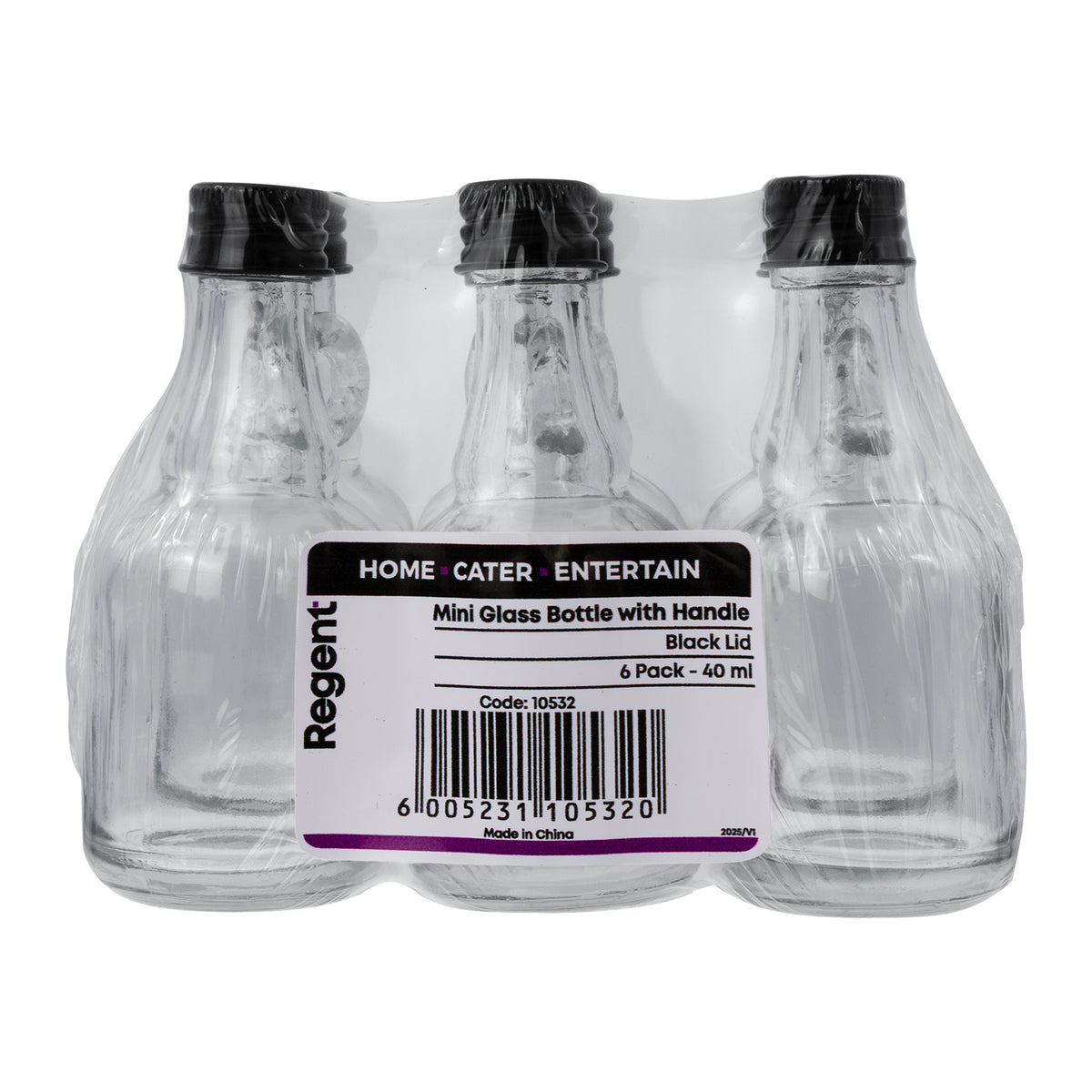REGENT MINI GLASS BOTTLE WITH RING HANDLE AND BLACK LID 6PK, 40ML