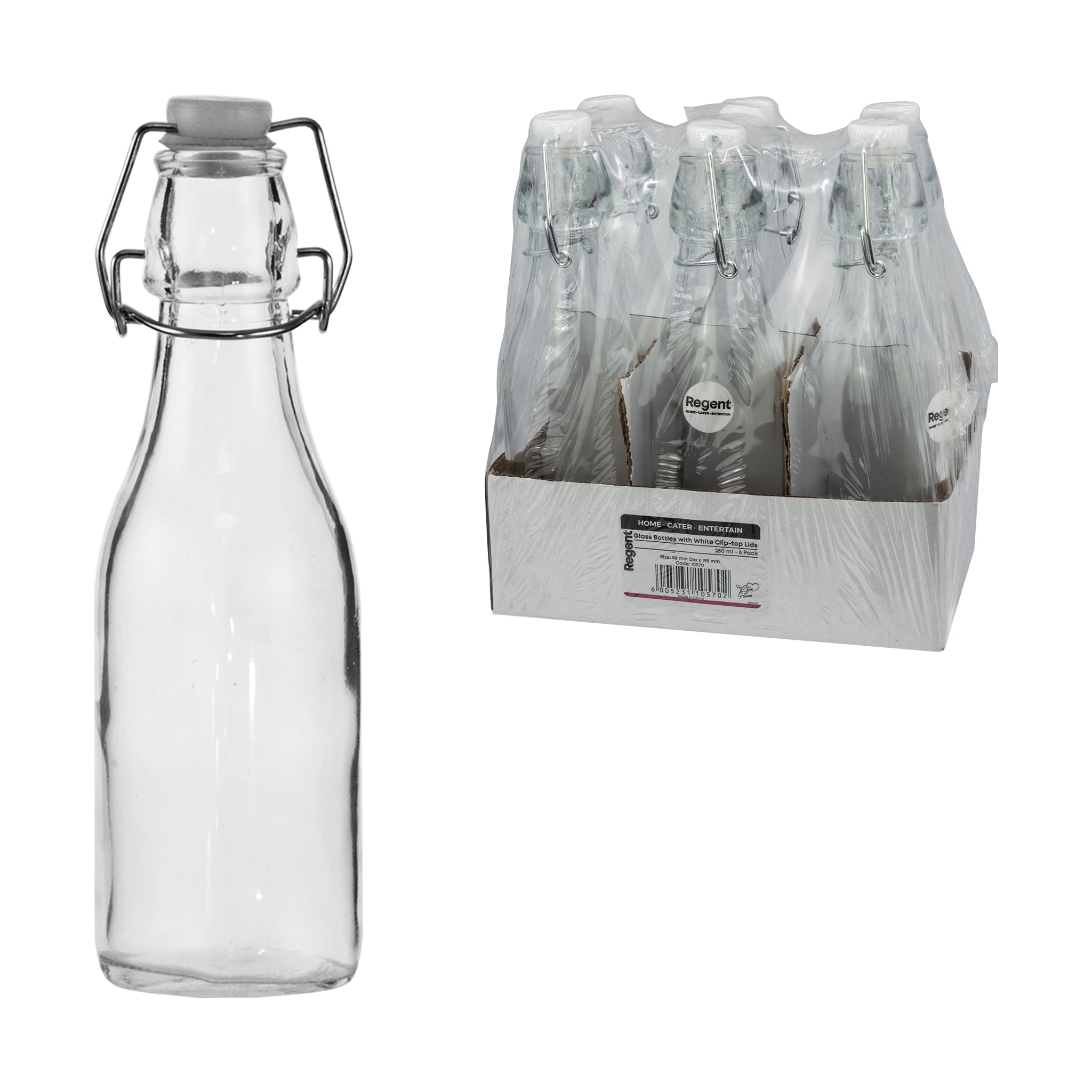 REGENT GLASS BOTTLES WITH WHITE CLIP TOP LIDS 6PK, 250ML
