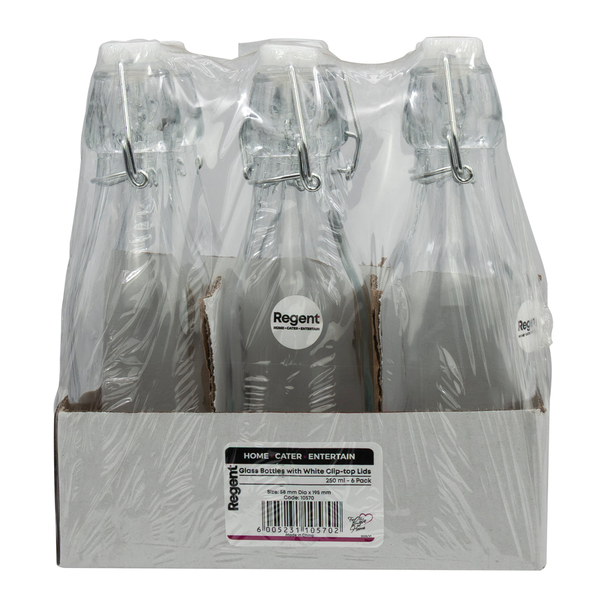 REGENT GLASS BOTTLES WITH WHITE CLIP TOP LIDS 6PK, 250ML