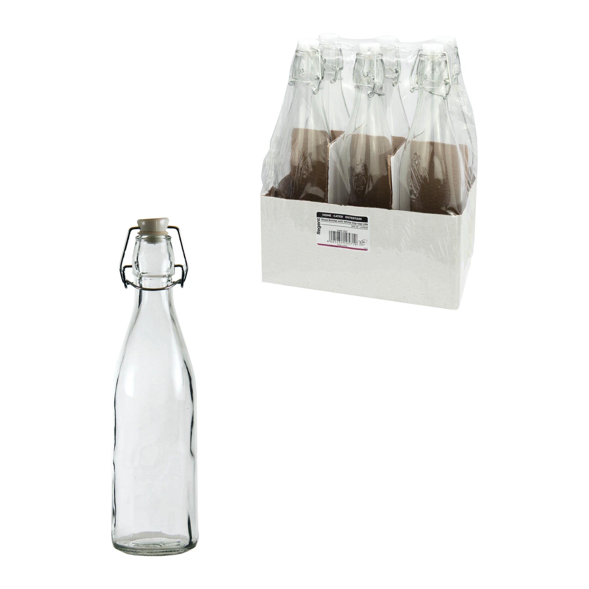 REGENT GLASS BOTTLES WITH WHITE CLIP TOP LIDS 6PK, 500ML