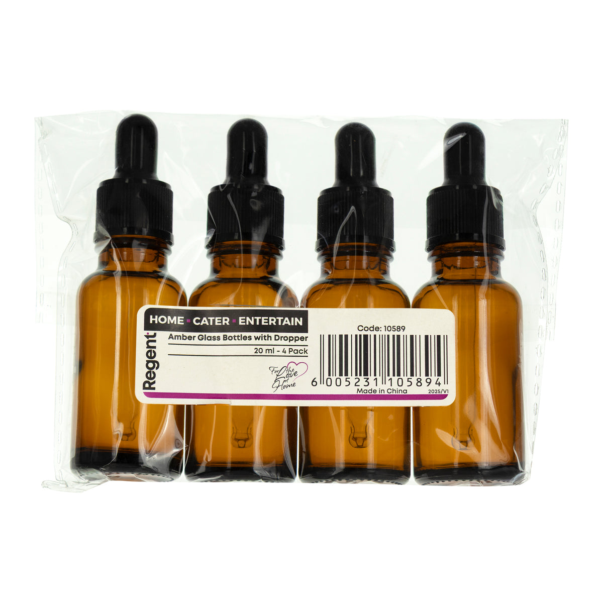 REGENT AMBER GLASS BOTTLES WITH BLACK PLASTIC DROPPER LIDS 4PK, 20ML
