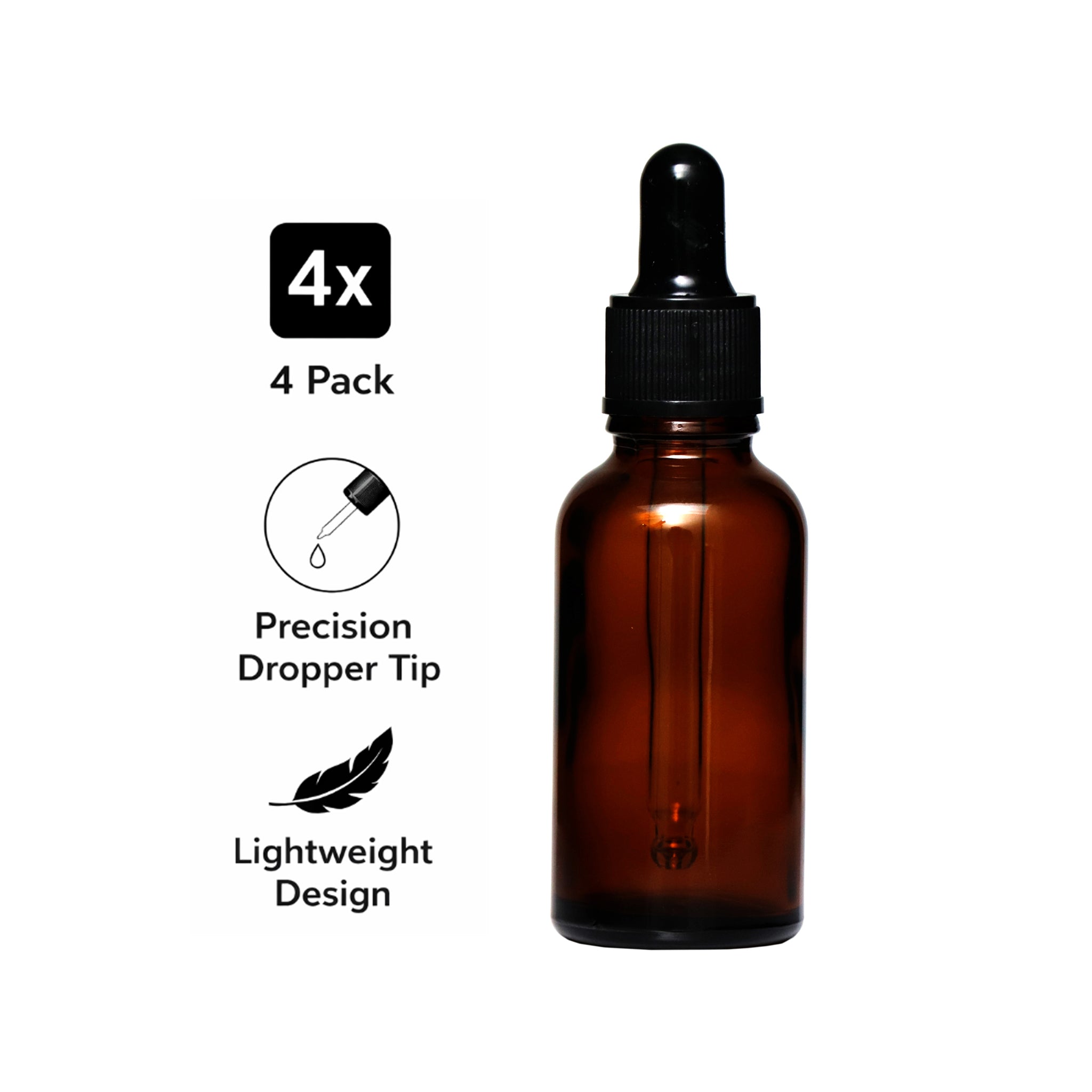 REGENT AMBER GLASS BOTTLES WITH BLACK PLASTIC DROPPER LIDS 4PK, 30ML