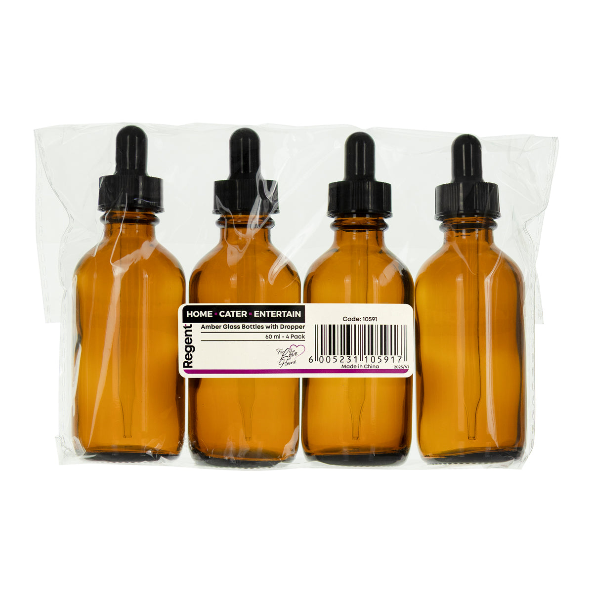 REGENT AMBER GLASS BOTTLES WITH BLACK PLASTIC DROPPER LIDS 4PK, 60ML