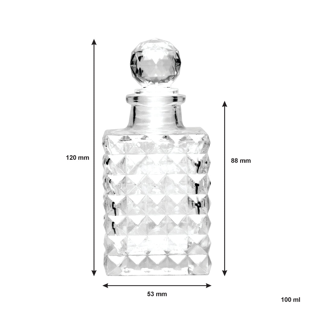 REGENT GLASS PERFUME BOTTLE SQUARE FACETED WITH BALL STOPPER, 100ML