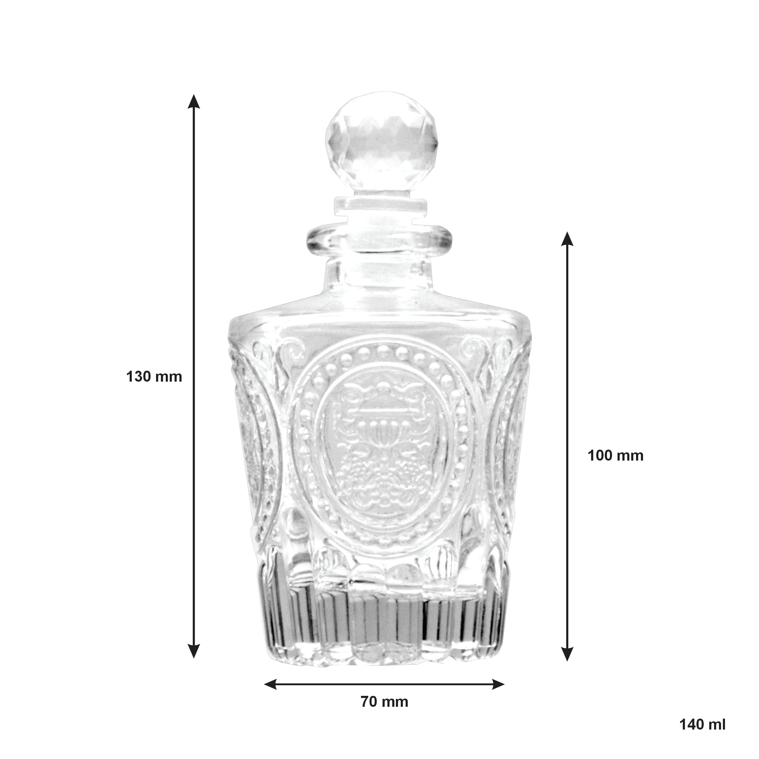 REGENT GLASS PERFUME BOTTLE TAPERED EMBOSSED WITH BALL STOPPER, 140ML