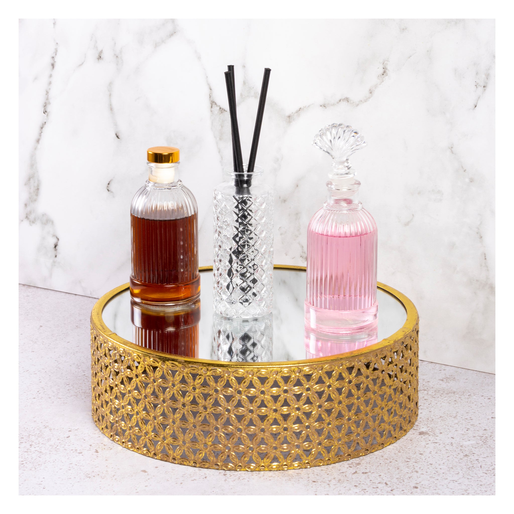 REGENT GLASS PERFUME BOTTLE LATTICE PATTERN WITH ROSE GOLD PLASTIC STOPPER, 150ML