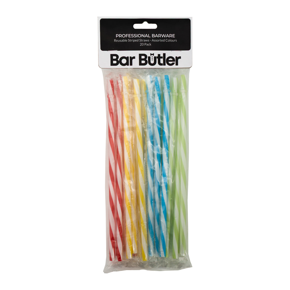 BAR BUTLER REUSABLE STRIPED PLASTIC STRAWS ASSORTED COLOURS, 20PK