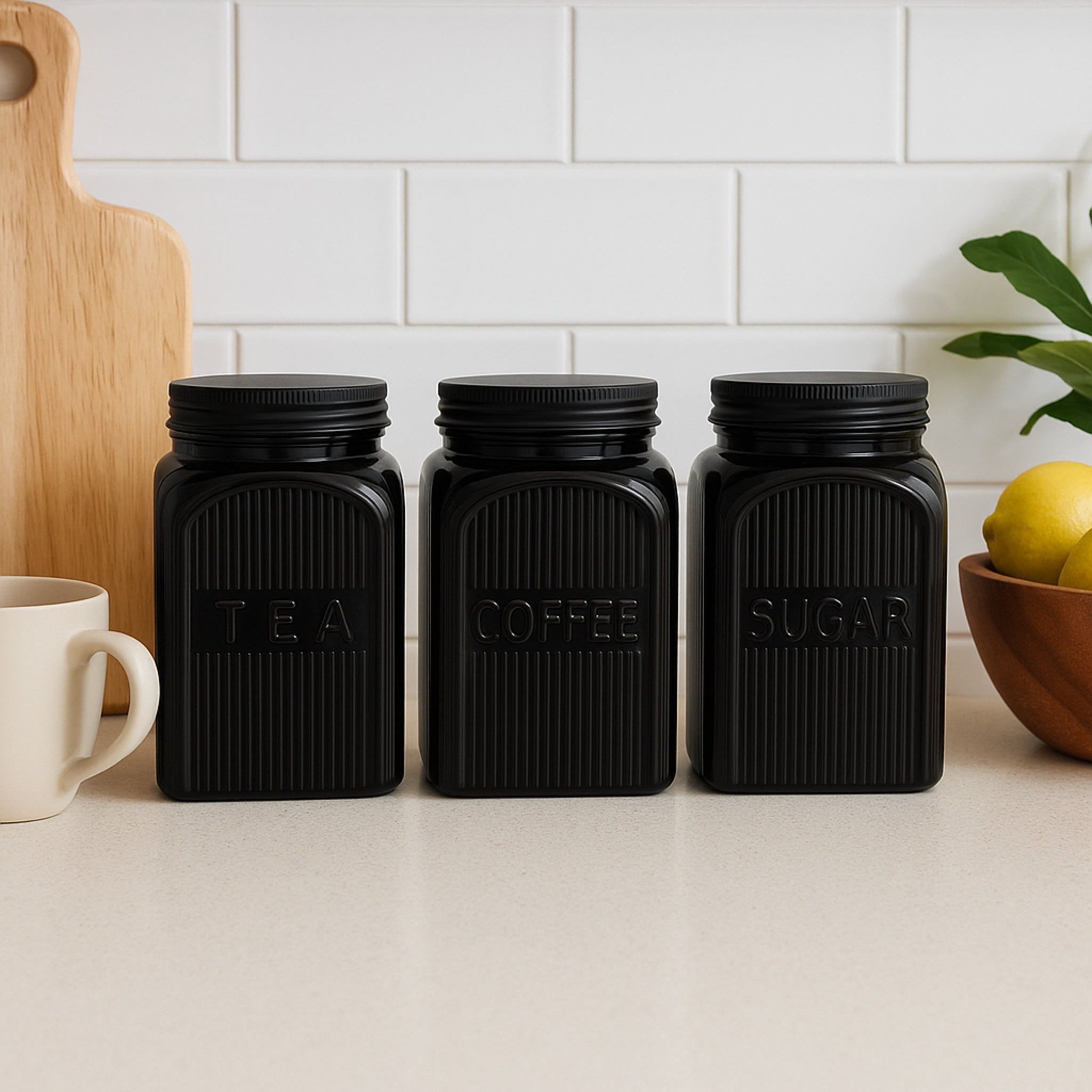 REGENT BLACK RIBBED SQUARE GLASS CANISTERS (TEA|COFFEE|SUGAR) 3PCS SET, 1.2L