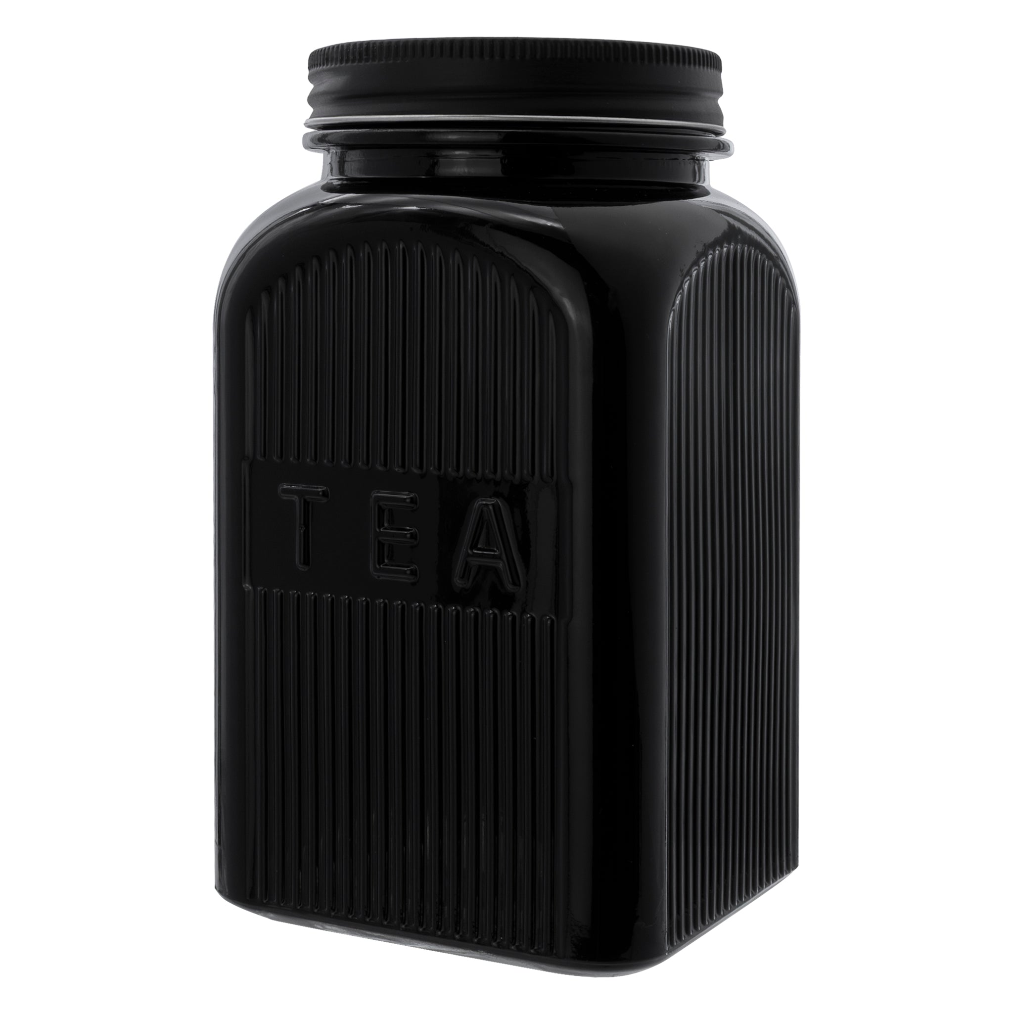 REGENT BLACK RIBBED SQUARE GLASS CANISTERS (TEA|COFFEE|SUGAR) 3PCS SET, 1.2L