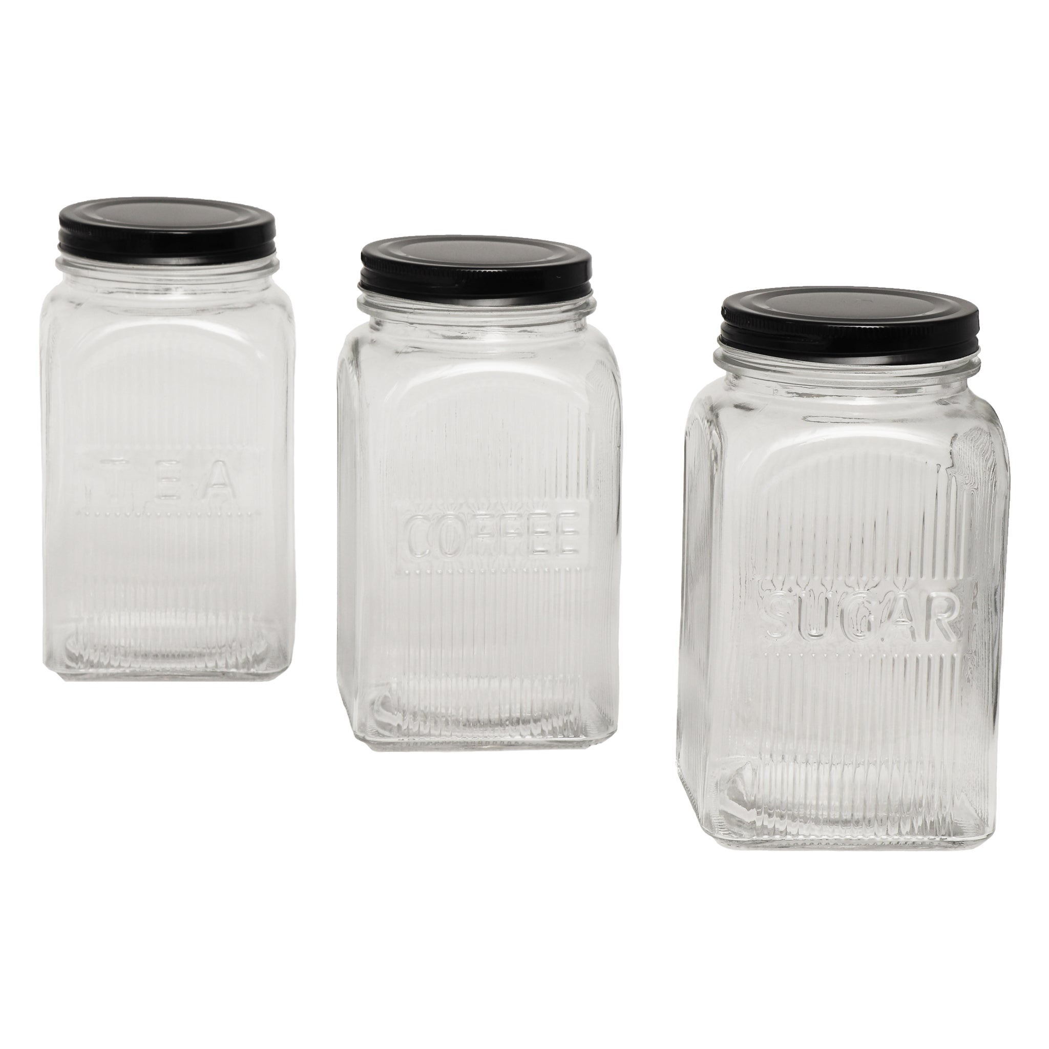 REGENT RIBBED SQUARE GLASS SUGAR CANISTER WITH BLACK LID, 1.2L