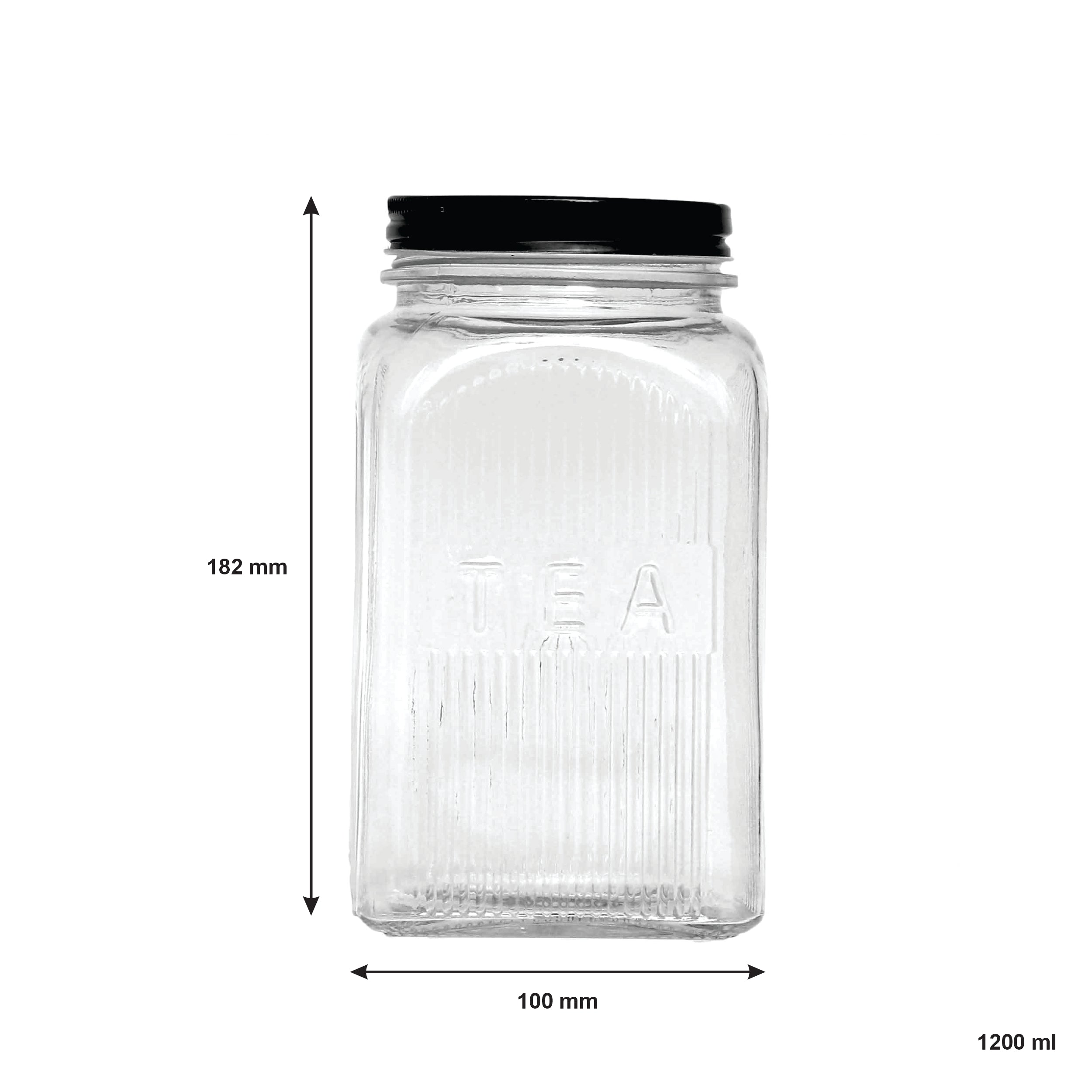 REGENT RIBBED SQUARE GLASS TEA CANISTER WITH BLACK LID, 1.2L