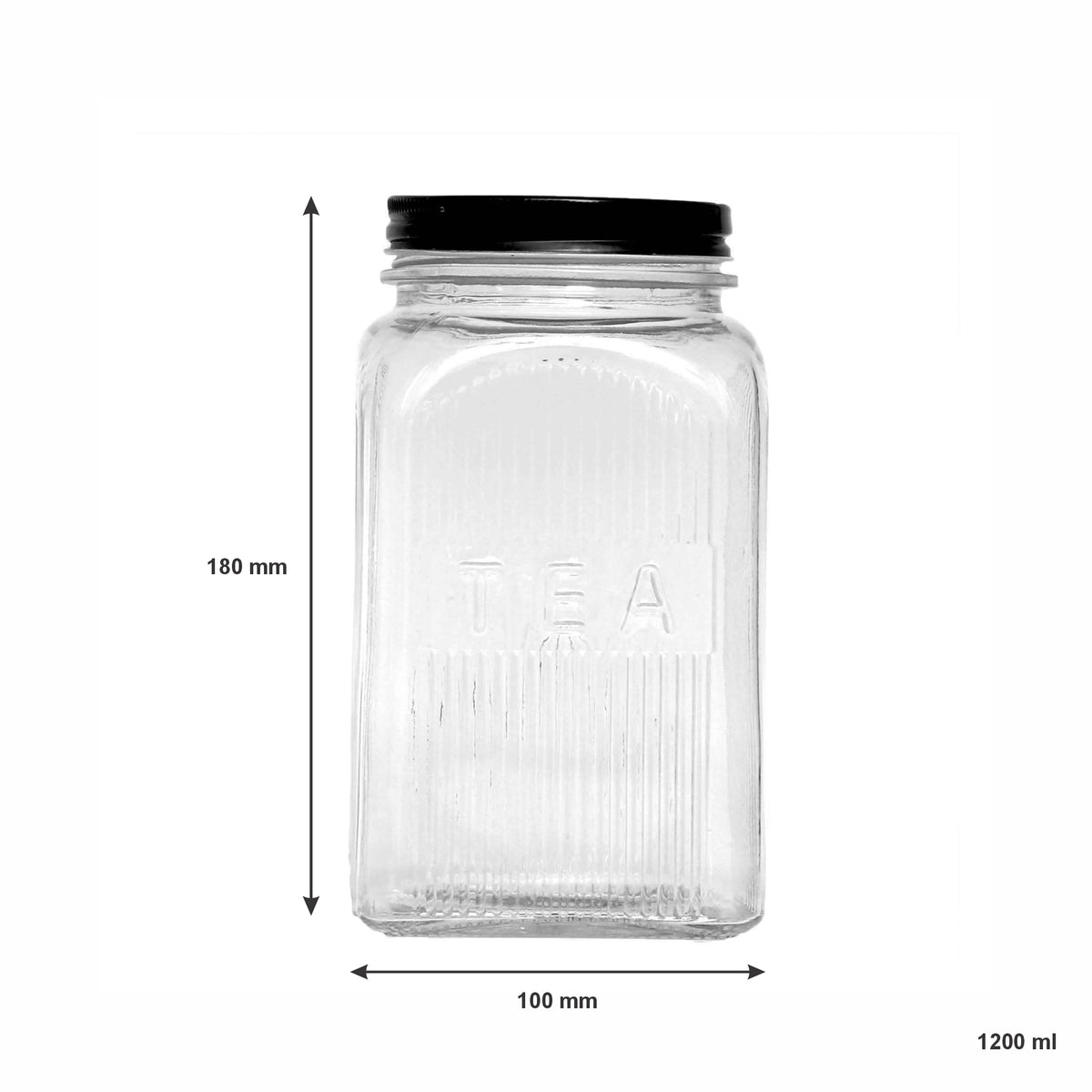 REGENT RIBBED SQUARE GLASS TEA CANISTER WITH BLACK LID, 1.2L