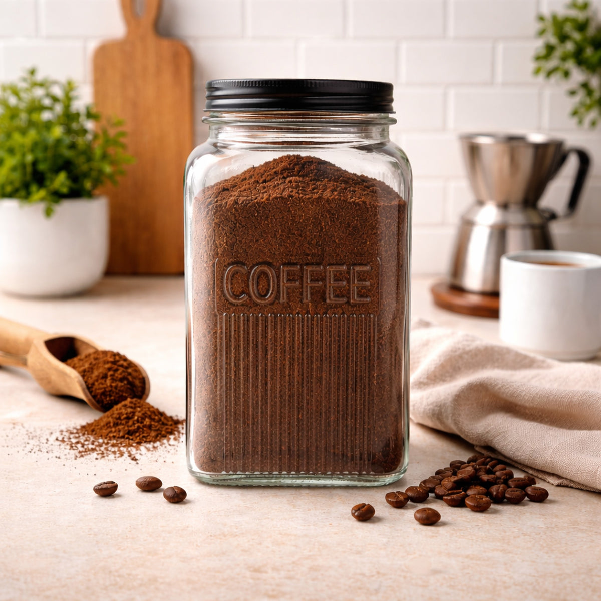 REGENT RIBBED SQUARE GLASS COFFEE CANISTER WITH BLACK LID, 1.2L