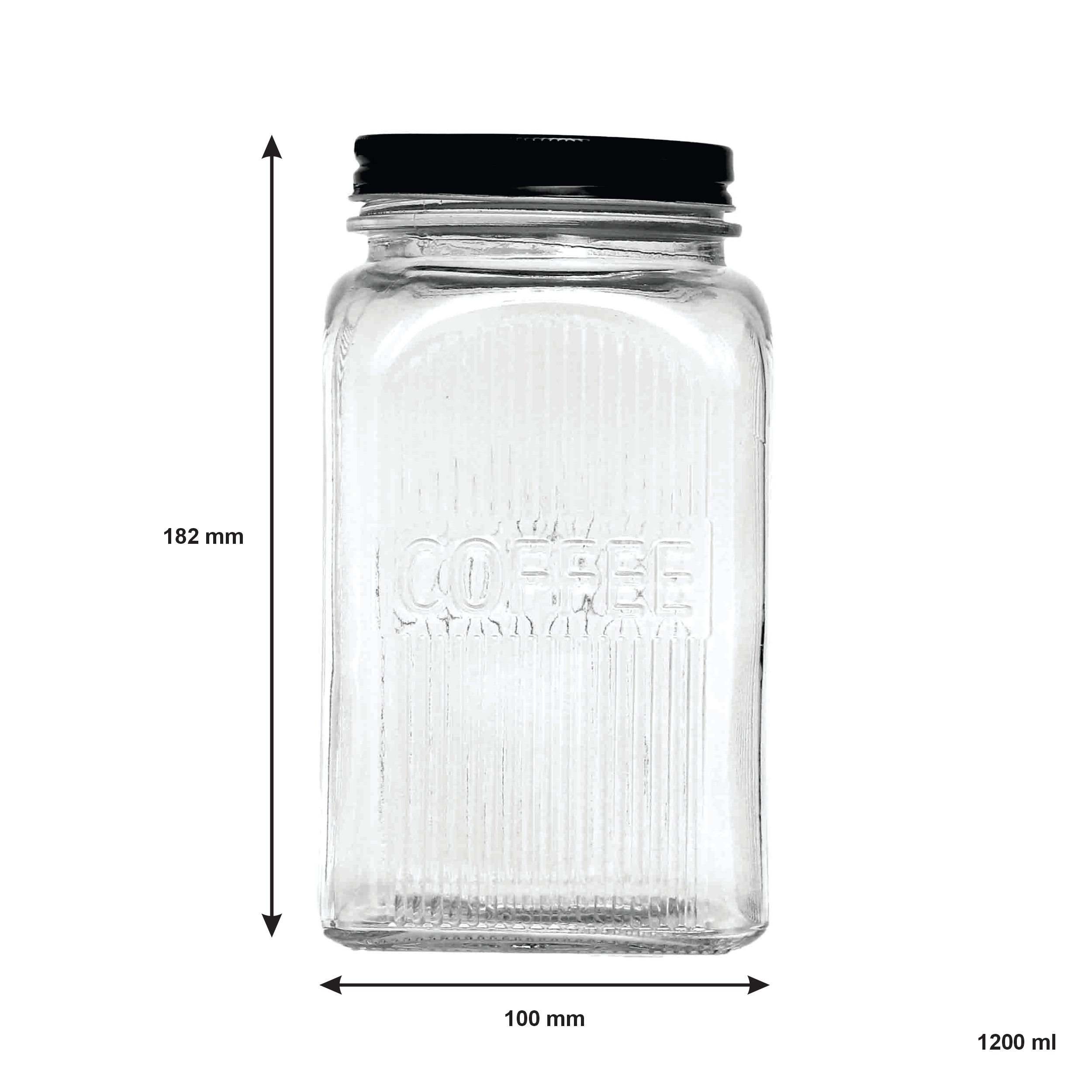 REGENT RIBBED SQUARE GLASS COFFEE CANISTER WITH BLACK LID, 1.2L