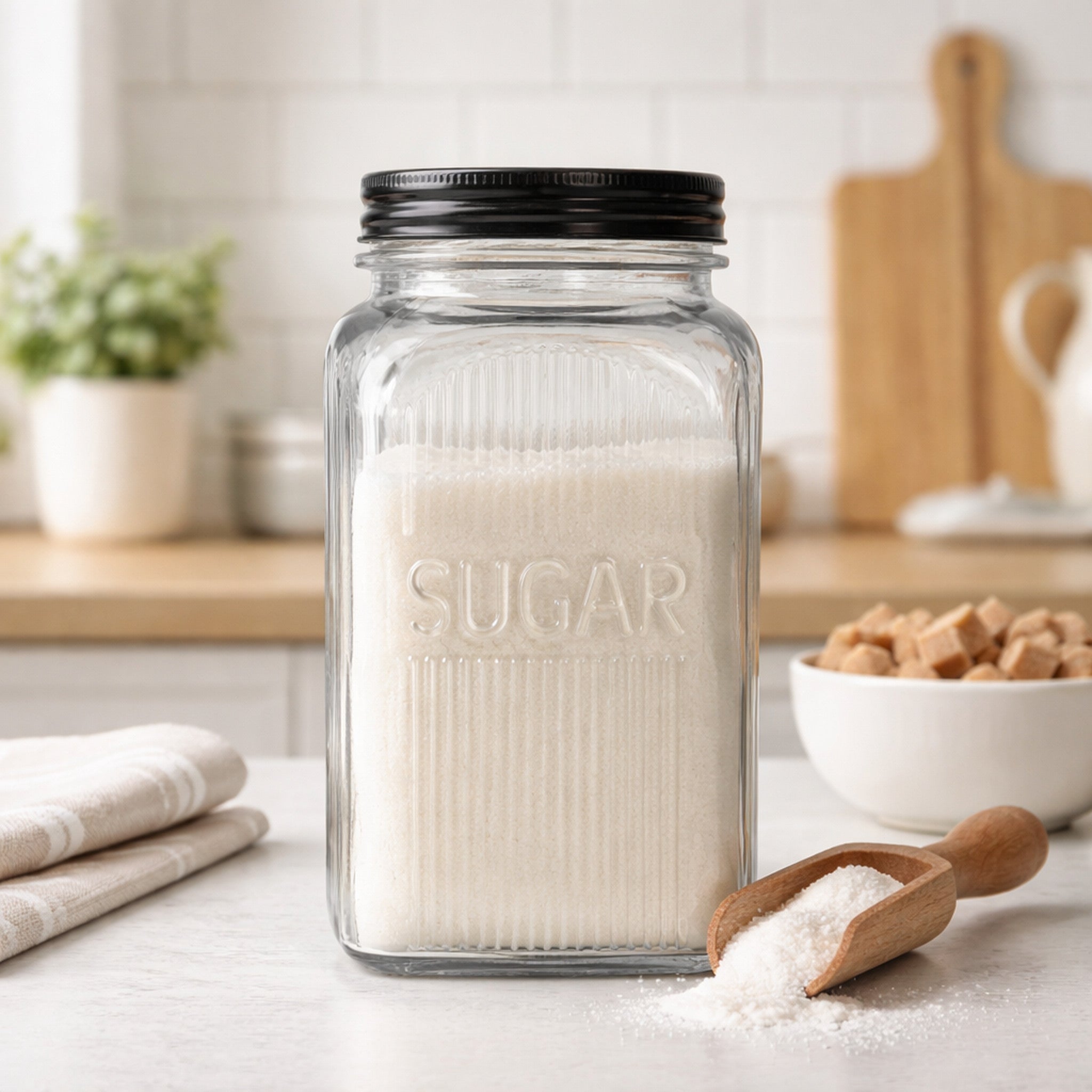 REGENT RIBBED SQUARE GLASS SUGAR CANISTER WITH BLACK LID, 1.2L