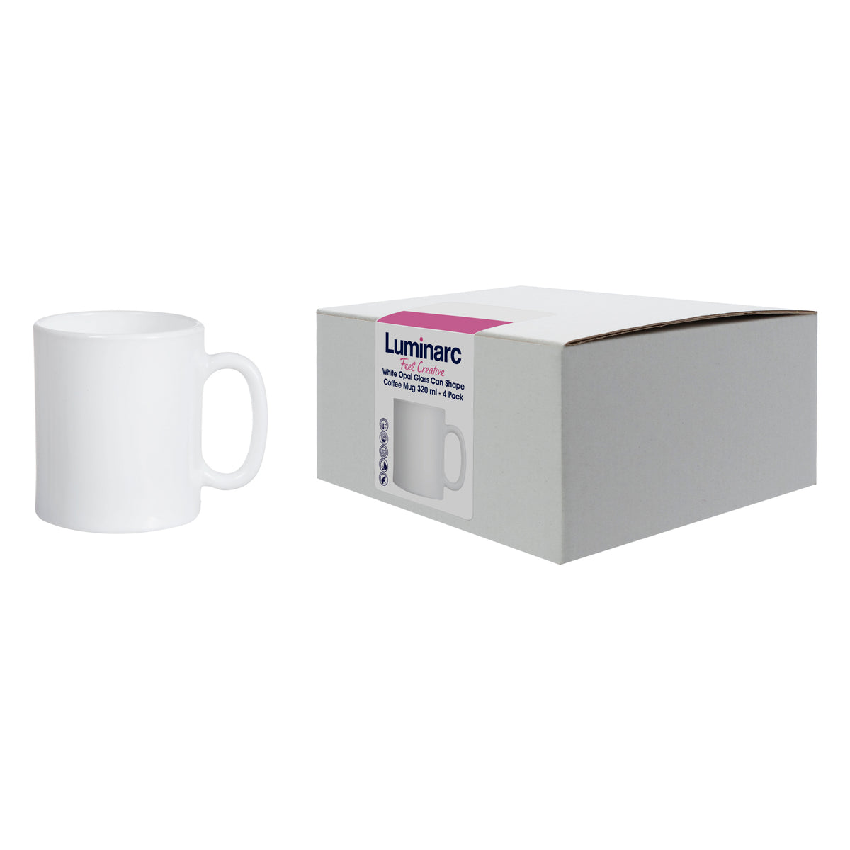 LUMINARC WHITE OPAL GLASS CAN SHAPE COFFEE MUGS 4PK, 320ML