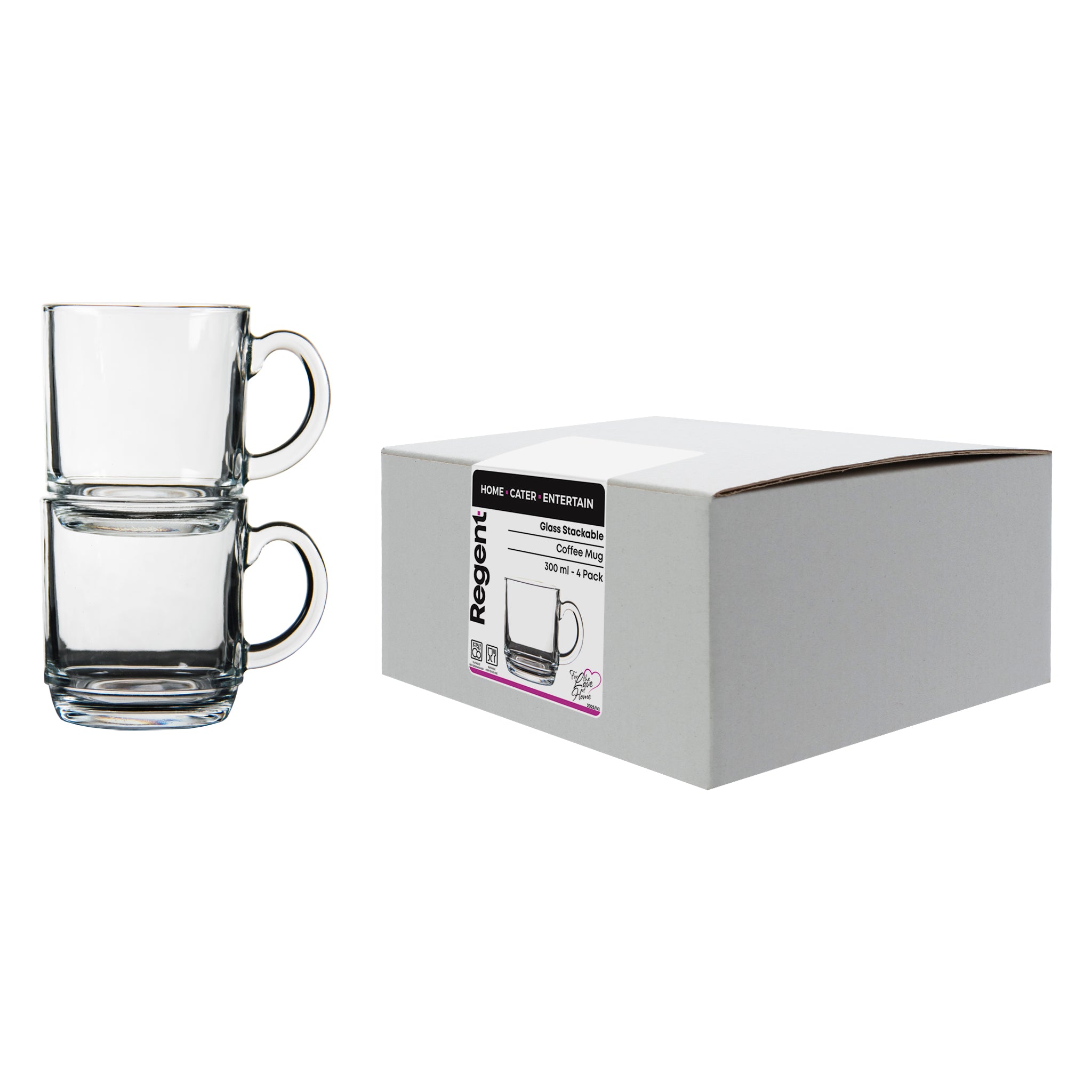 REGENT STACKABLE GLASS COFFEE MUGS 4PK, 300ML