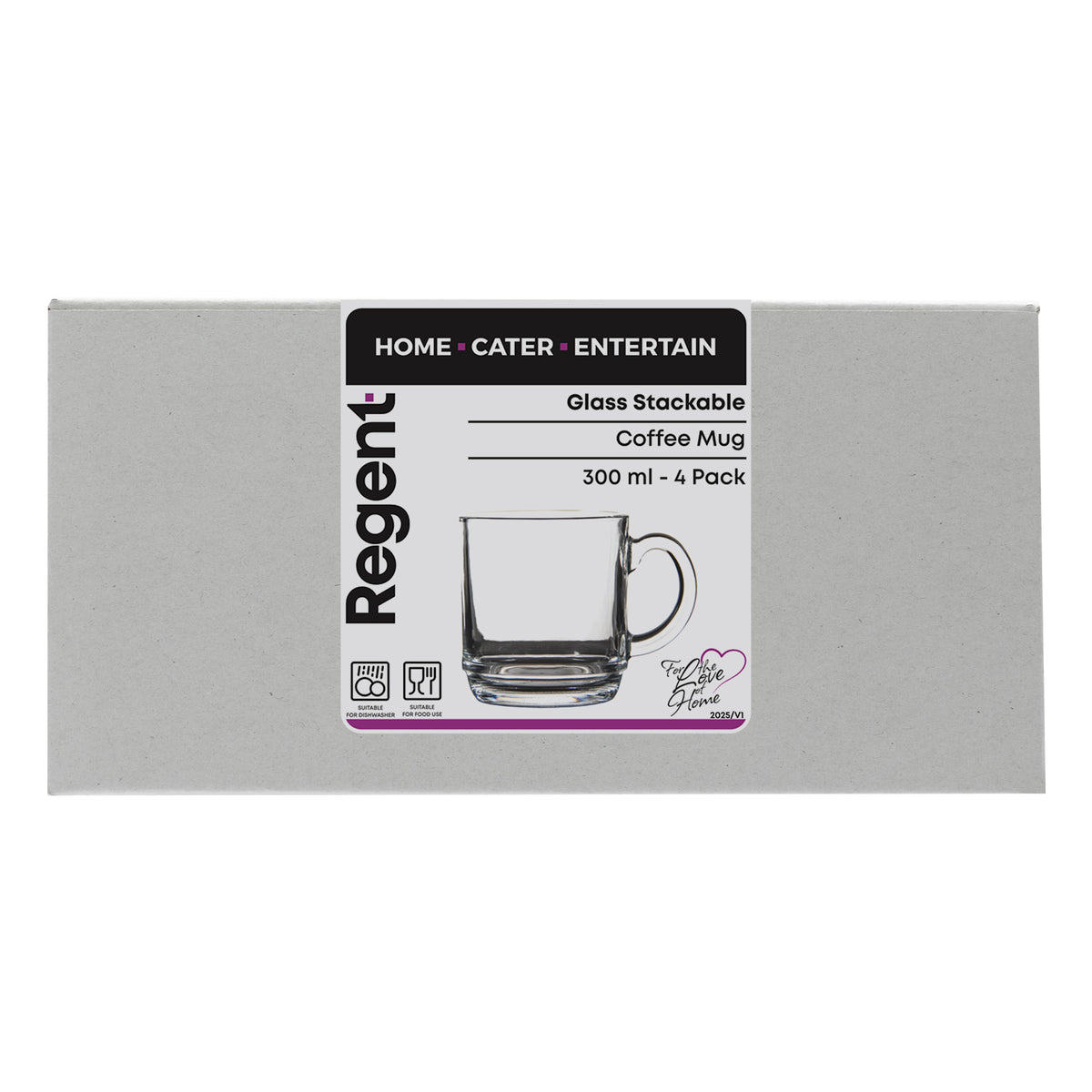 REGENT STACKABLE GLASS COFFEE MUGS 4PK, 300ML