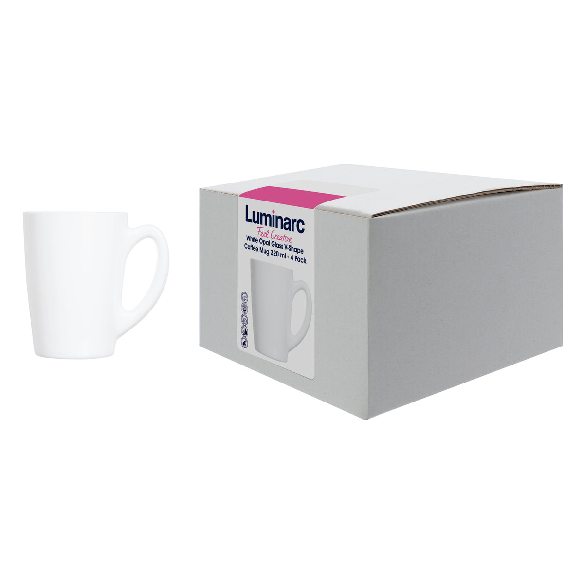 LUMINARC WHITE OPAL GLASS BULLET SHAPE COFFEE MUGS 4PK, 320ML