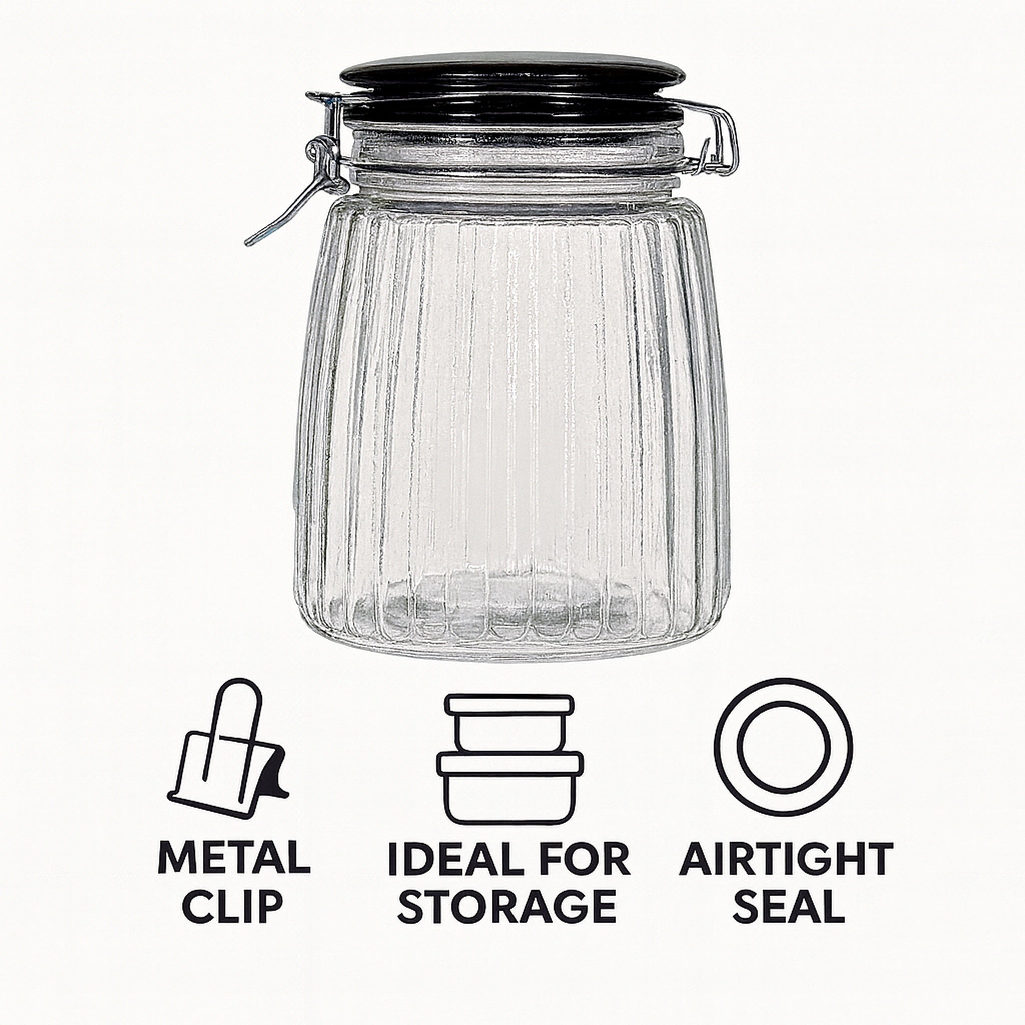 REGENT RIBBED HERMETIC GLASS CANISTER WITH BLACK CERAMIC LID AND METAL CLIP, 1.35L