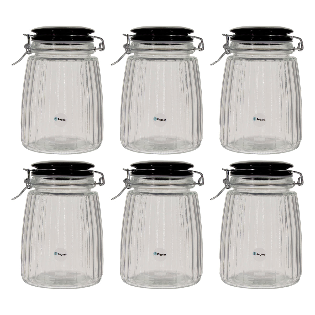 REGENT RIBBED HERMETIC GLASS CANISTER WITH BLACK CERAMIC LID AND METAL CLIP, 1.35L