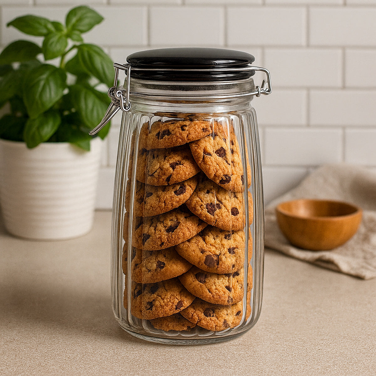 REGENT RIBBED HERMETIC GLASS CANISTER WITH BLACK CERAMIC LID AND METAL CLIP, 1.8L