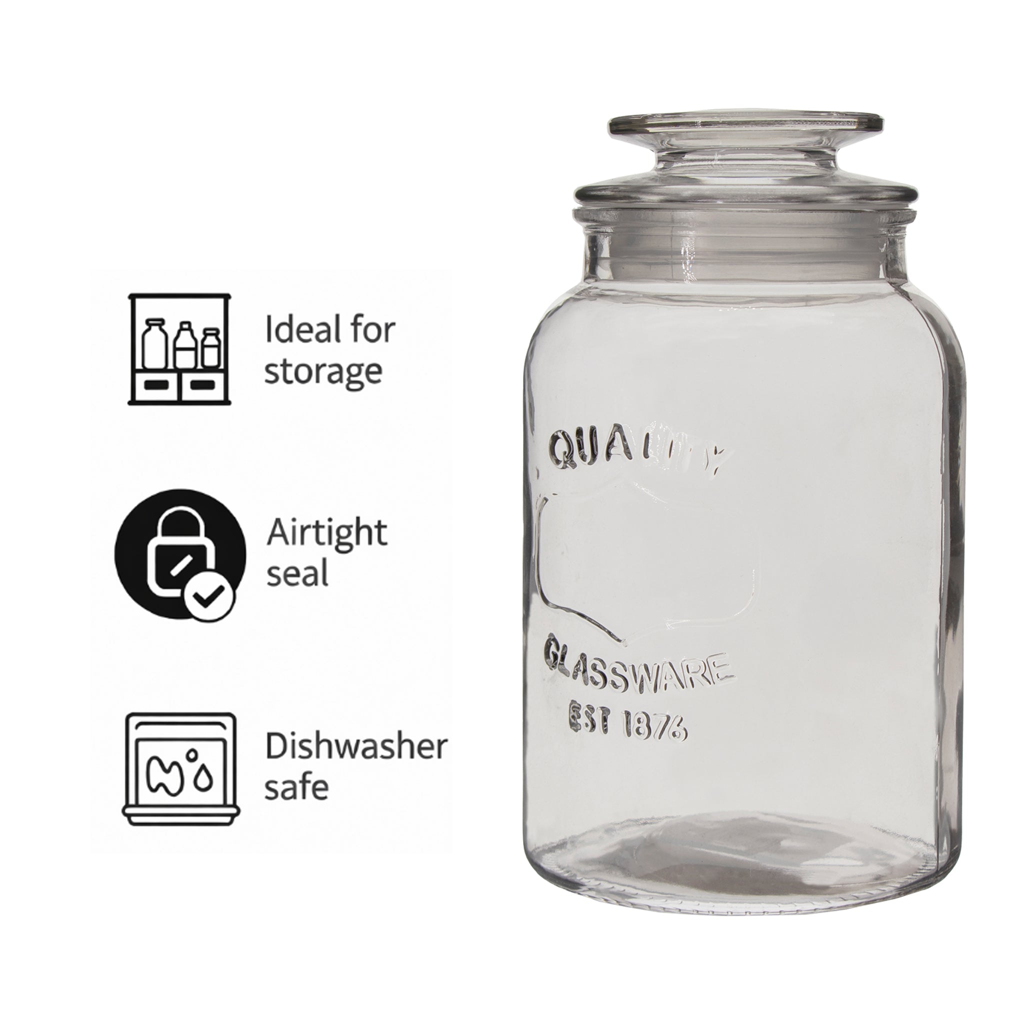 REGENT ROUND CANISTER `QUALITY` EMBOSSED WITH GLASS LID, 1L